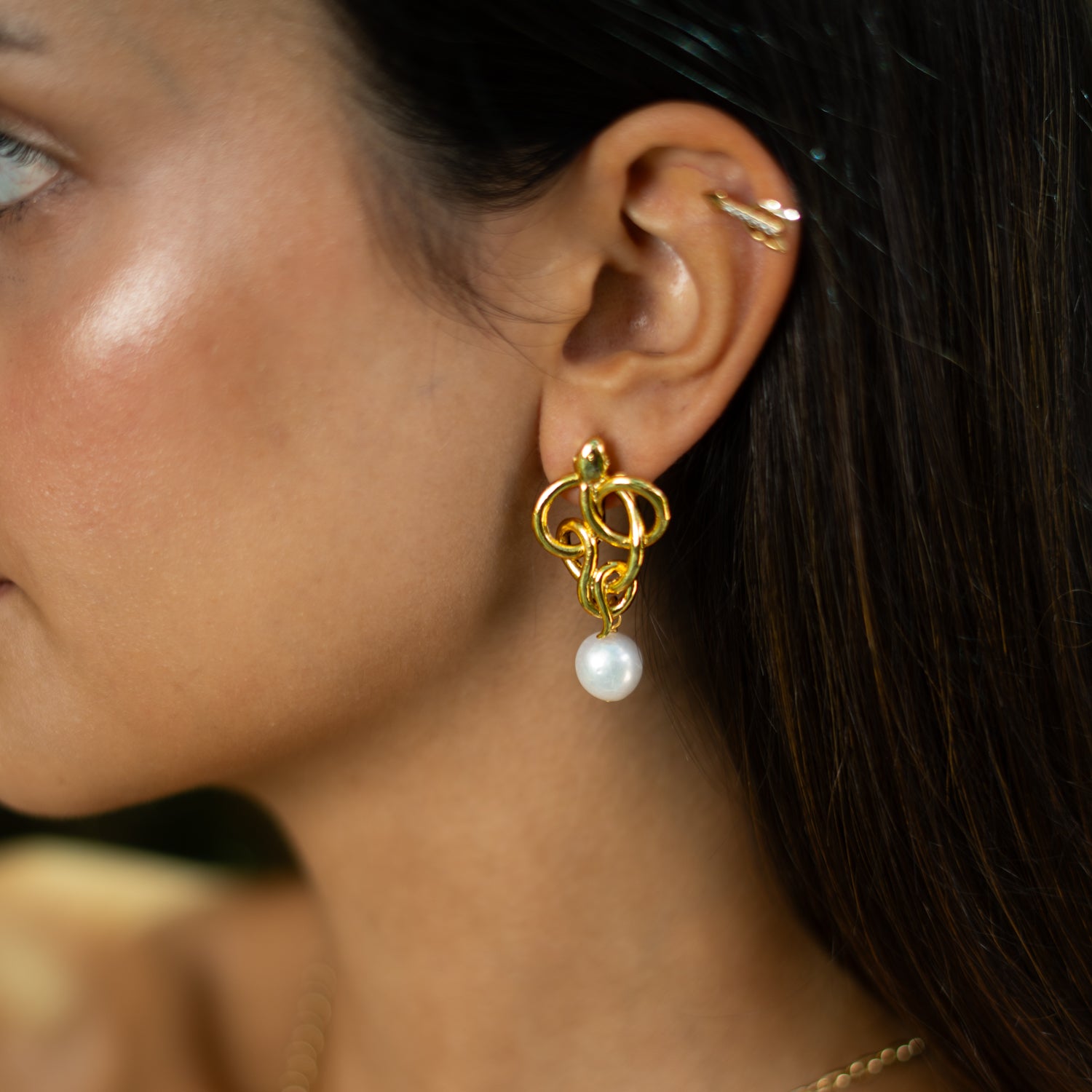 Golden Medusa Pearl Statement Earrings