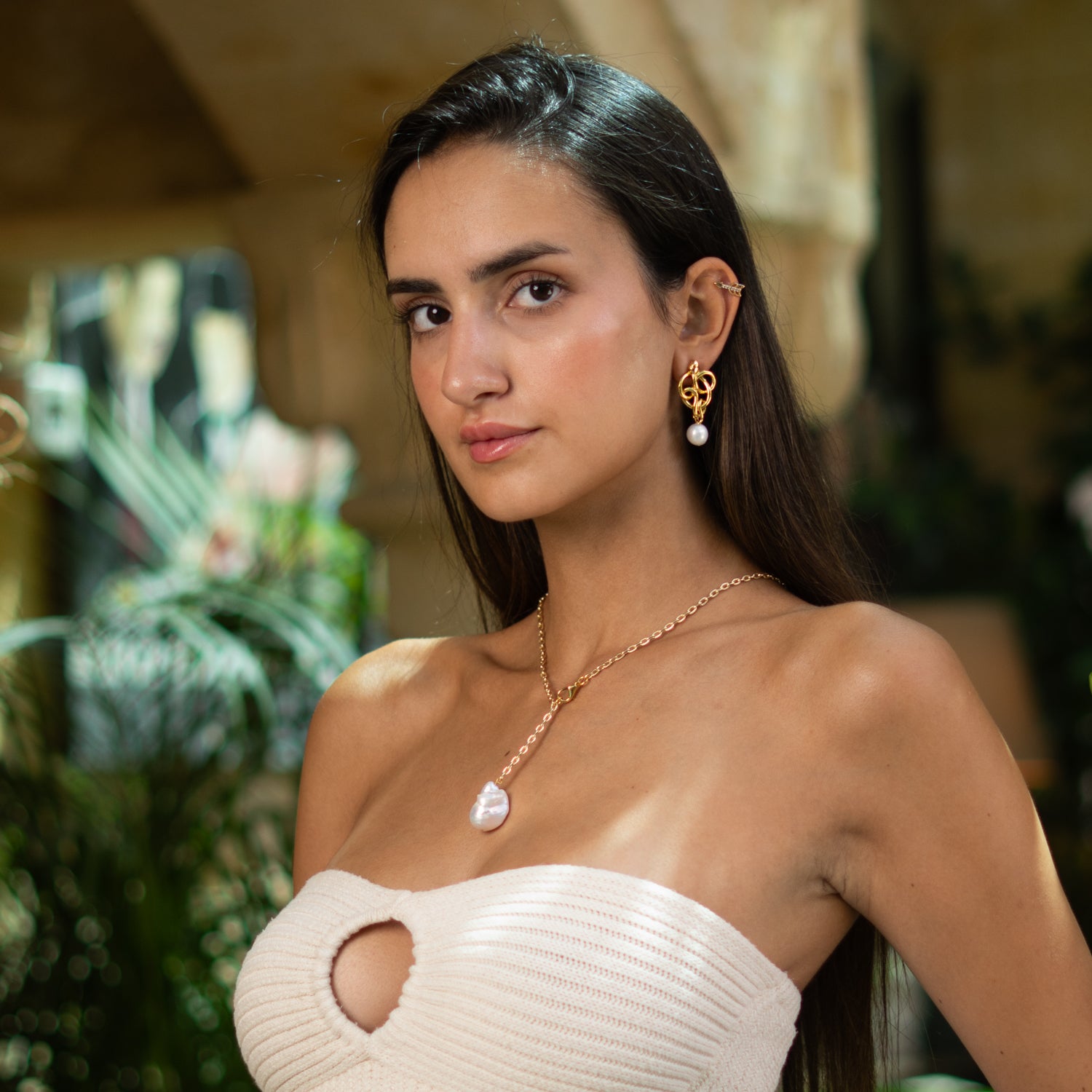 Golden Medusa Pearl Statement Earrings