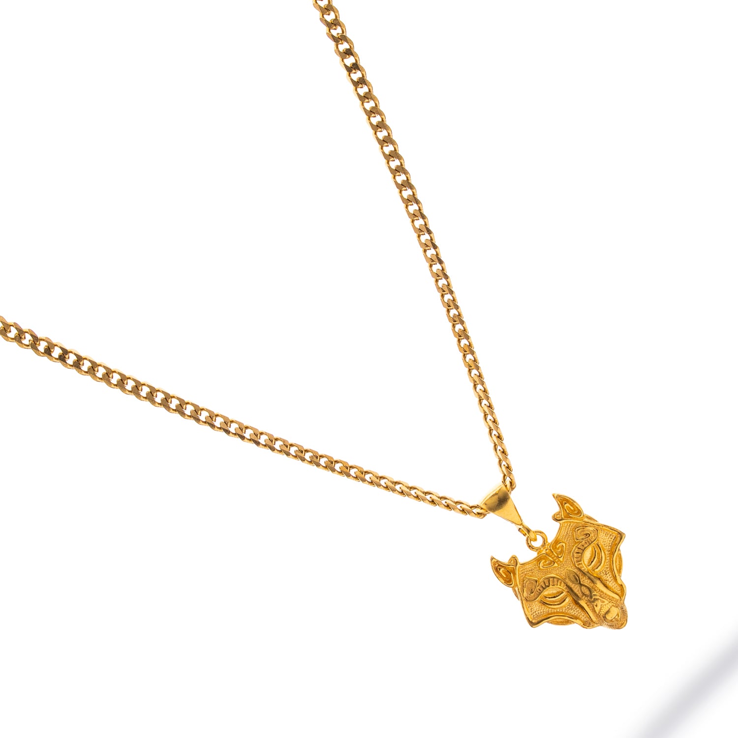 Golden wolf head pendant necklace in 24k gold-plated sterling silver with intricate fur detailing on a gold chain.