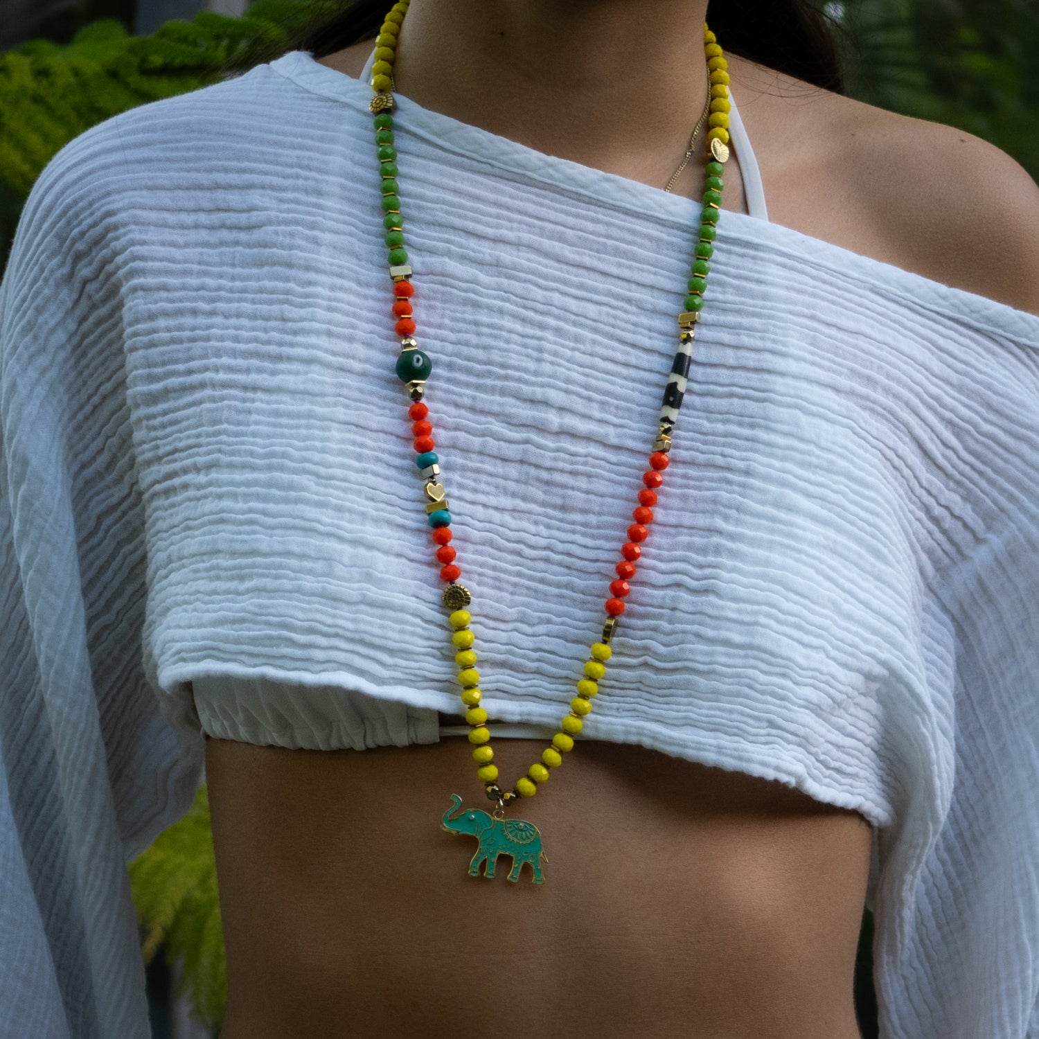 Vibrant Yellow, Orange, and Green Beaded Necklace with Sterling Silver Elephant Pendant for Luck