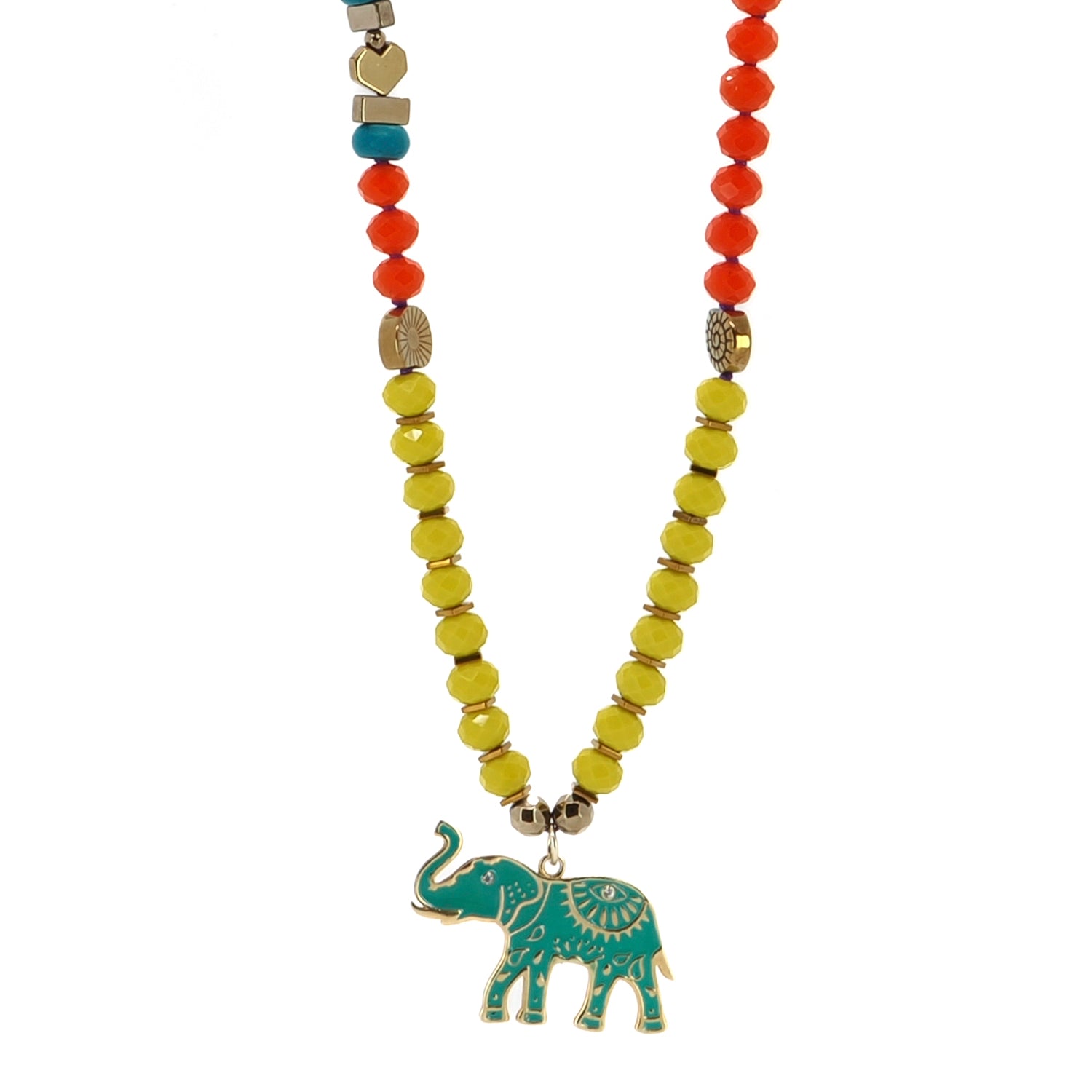 Colorful Crystal Beaded Necklace with Gold Hematite Spacers and Elephant Pendant for Good Fortune