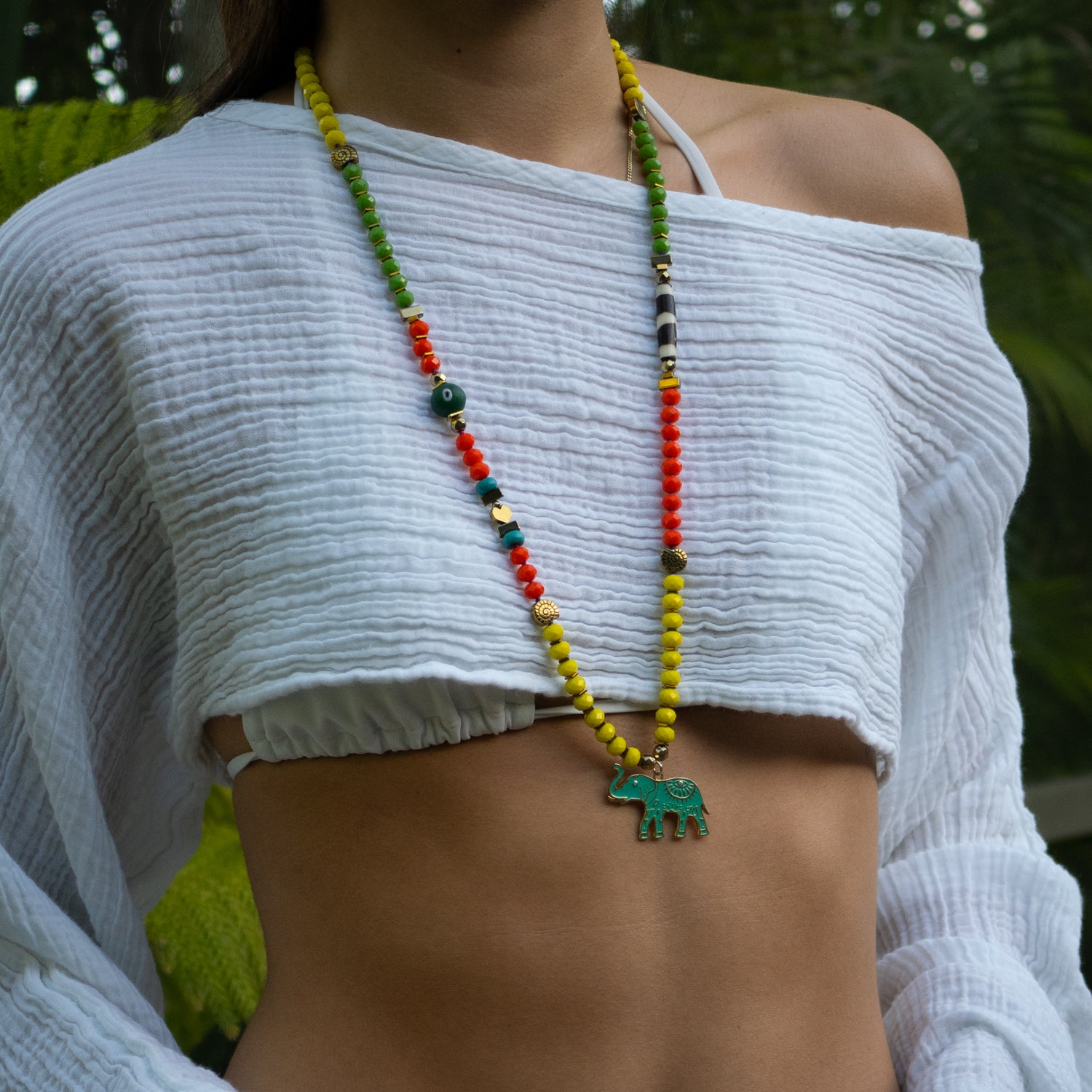 Vibrant Crystal Beaded Necklace with Gold Hematite Accents and Sterling Silver Elephant Charm