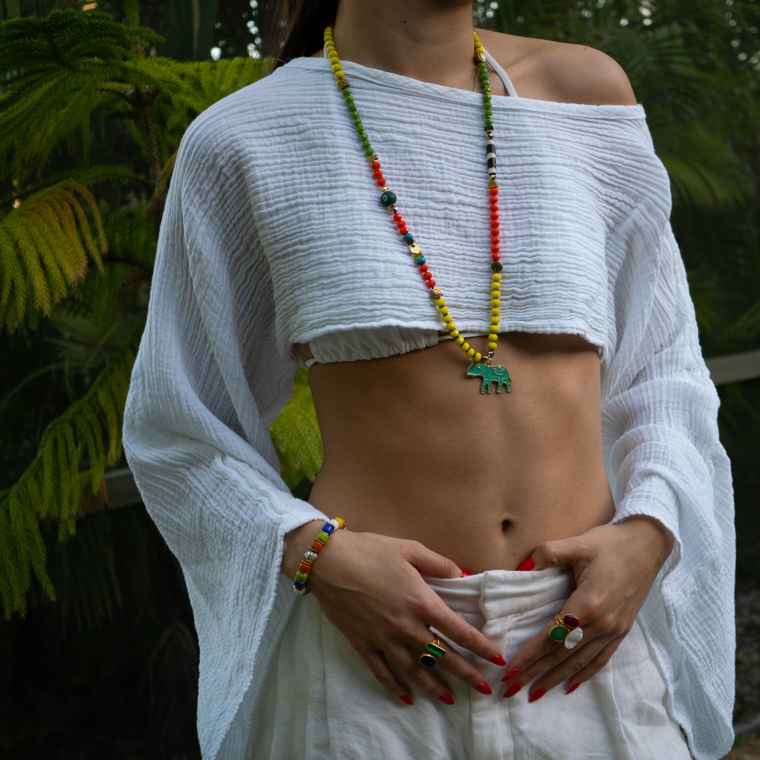 Multicolor Crystal Beads with Gold Hematite Spacers and Green Enamel Elephant Pendant for Protection