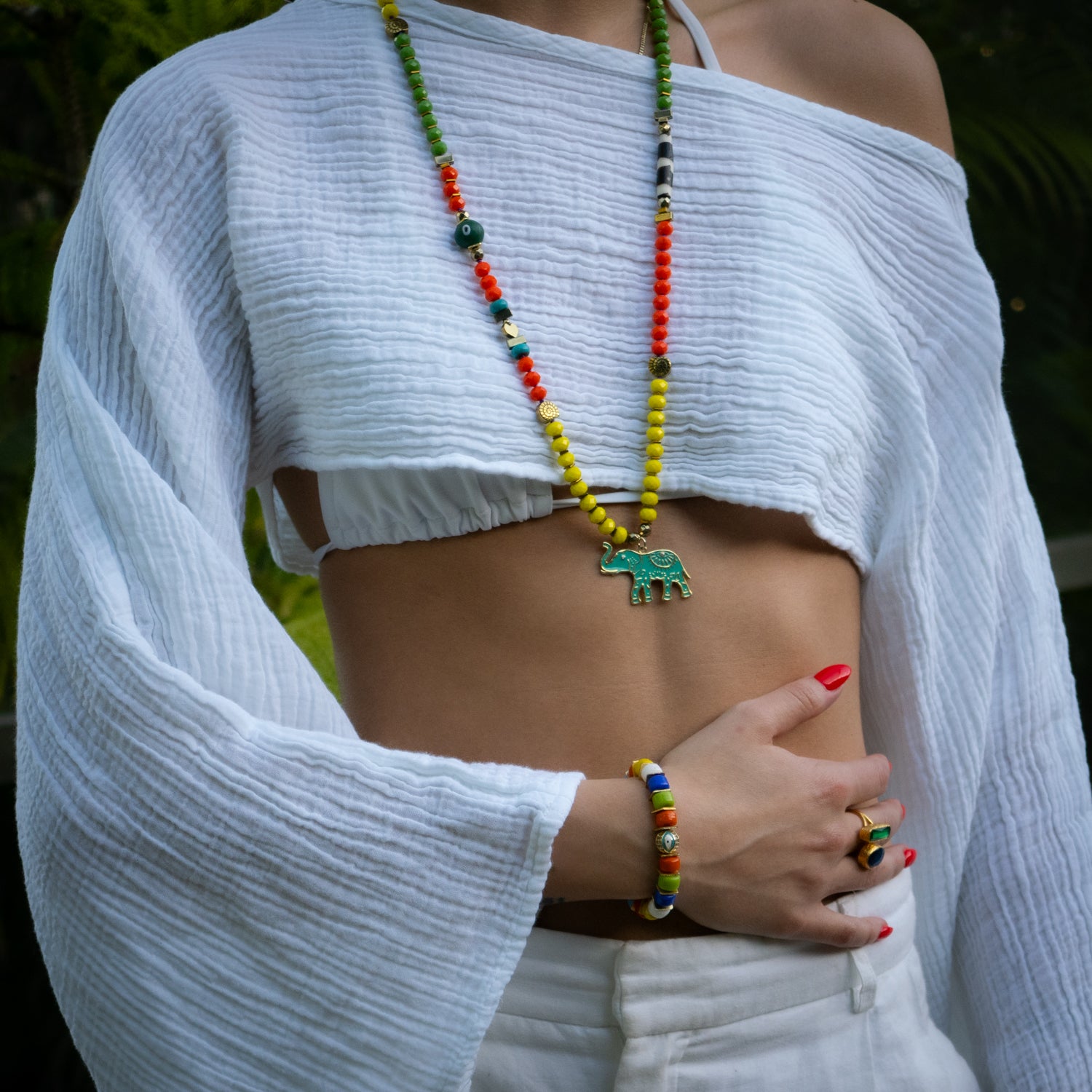 Green Enamel Elephant Pendant Necklace with Colorful Crystal Beads, Perfect for Spring and Summer