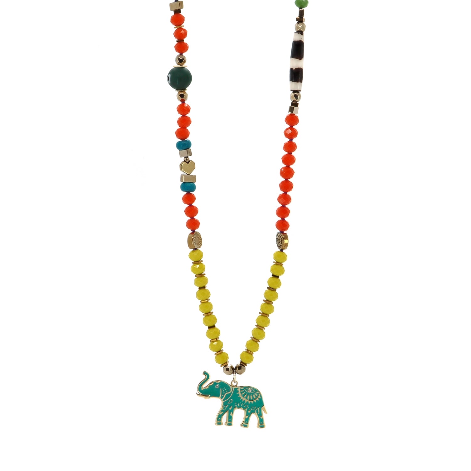 Handmade Colorful Beaded Necklace with Elephant, Heart, and Evil Eye Charms for Protection and Prosperity