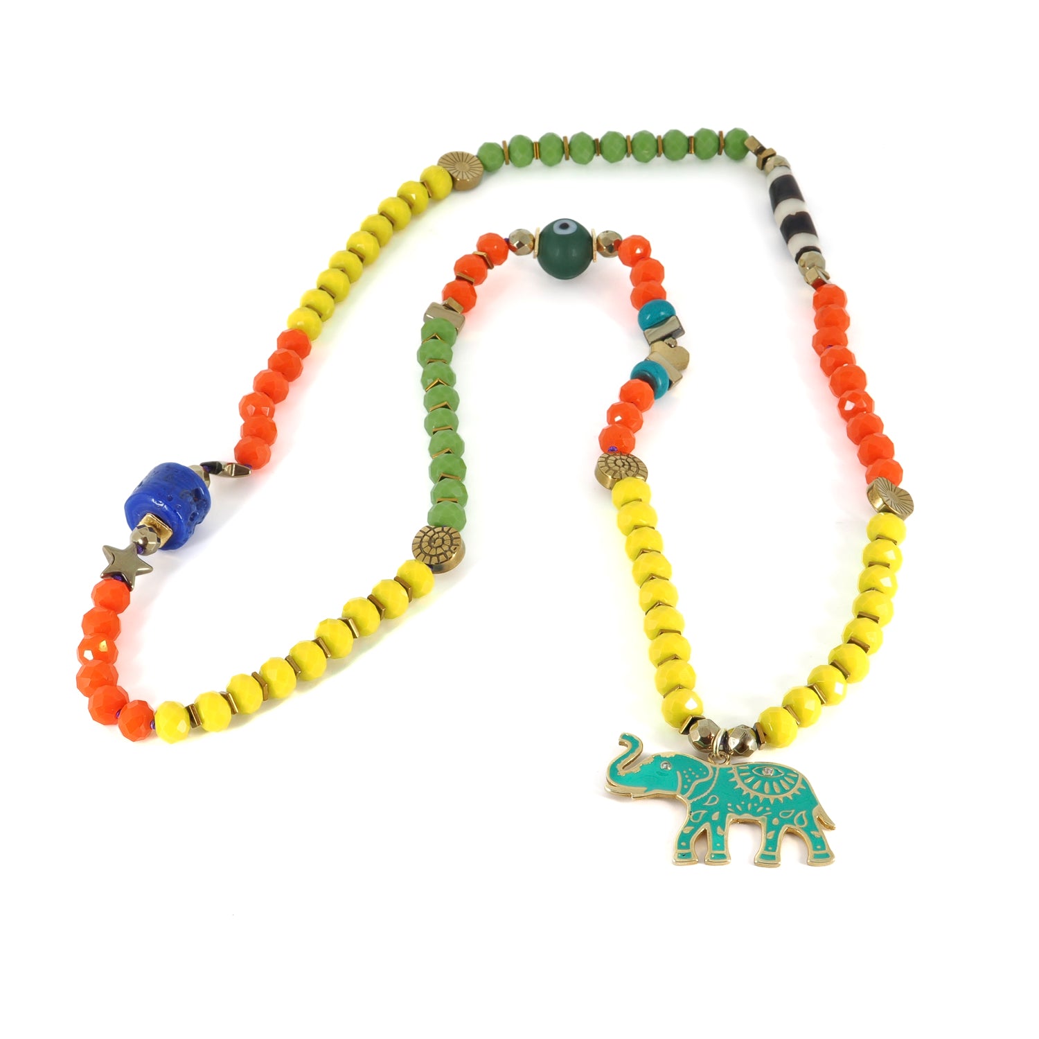 Handmade Good Fortune Necklace with Crystal Beads, Gold Hematite, and Green Enamel Elephant Pendant