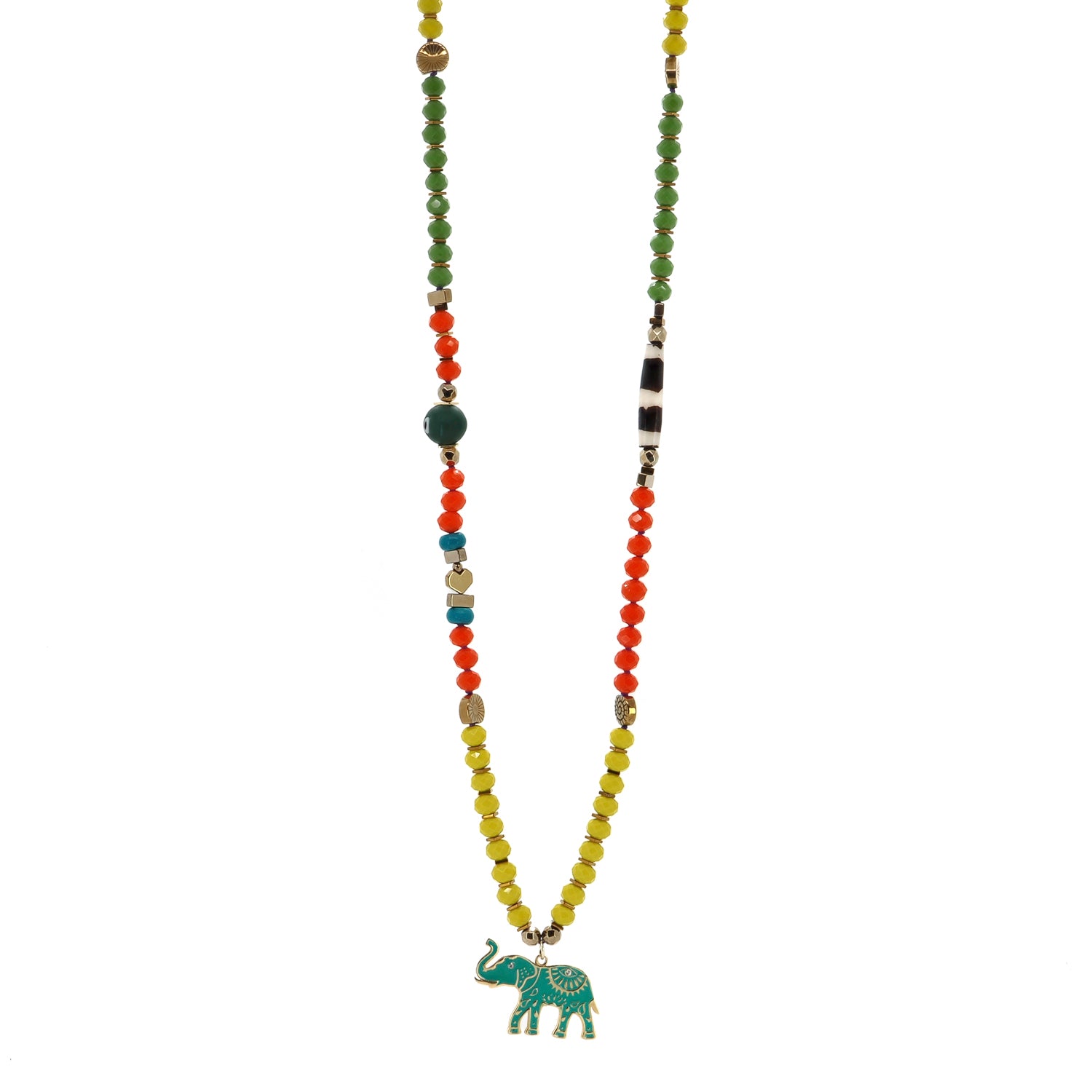 Good Fortune Elephant Pendant Necklace with Yellow, Orange, and Green Beads for Positive Energy