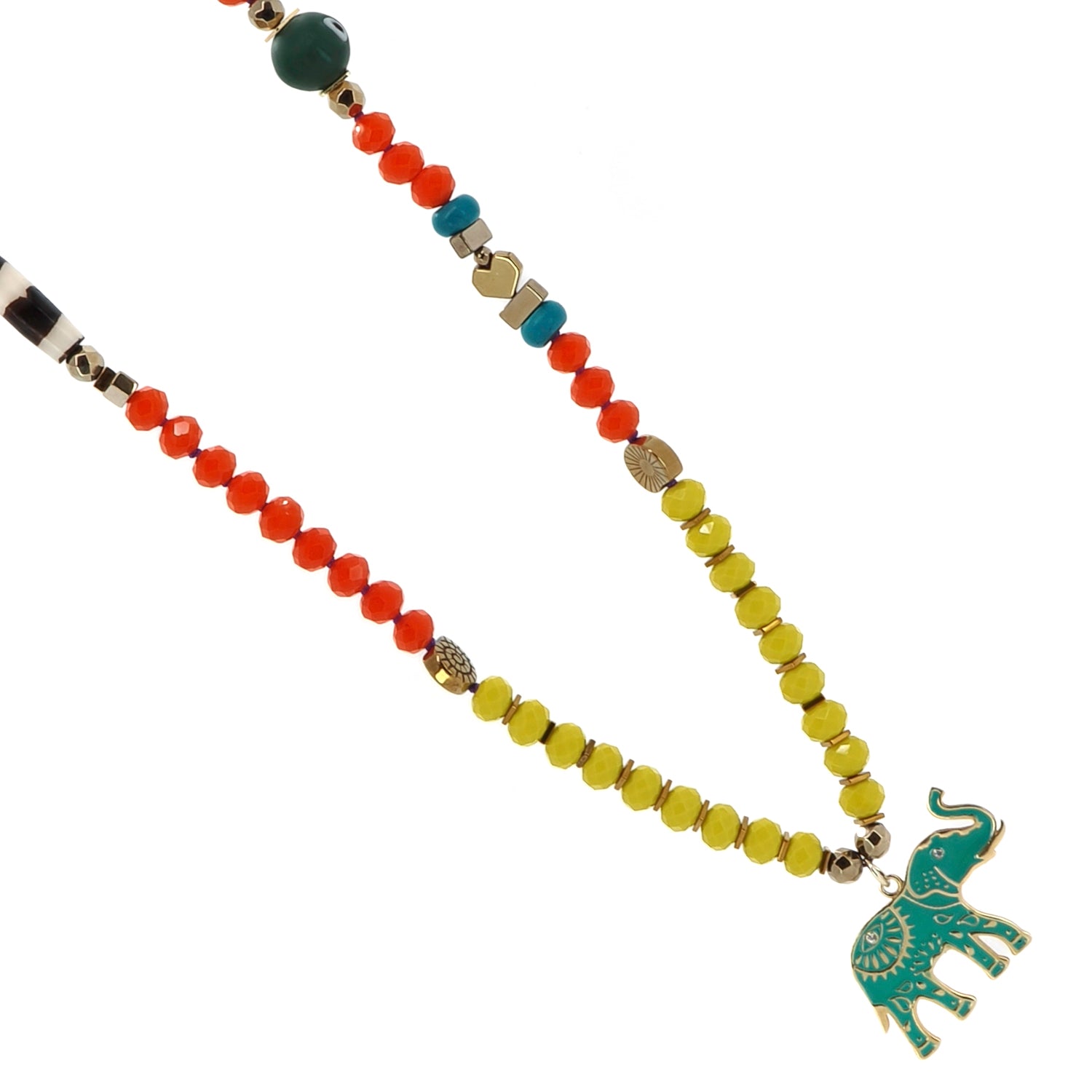 Good Fortune Necklace with Sterling Silver Green Enamel Elephant and Multicolor Crystal Beads