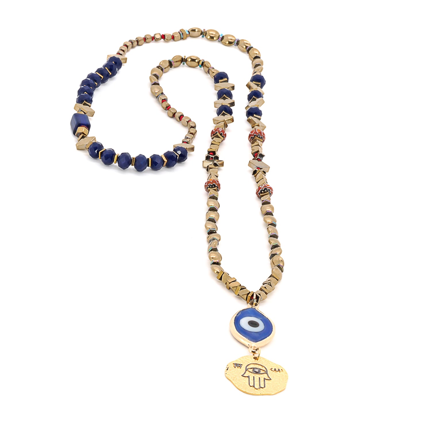 Colorful Ceramic Bead Necklace - A vibrant image featuring the Good Luck Evil Eye and Hamsa Necklace, highlighting the colorful ceramic beads that add a playful and eye-catching element to the necklace.
