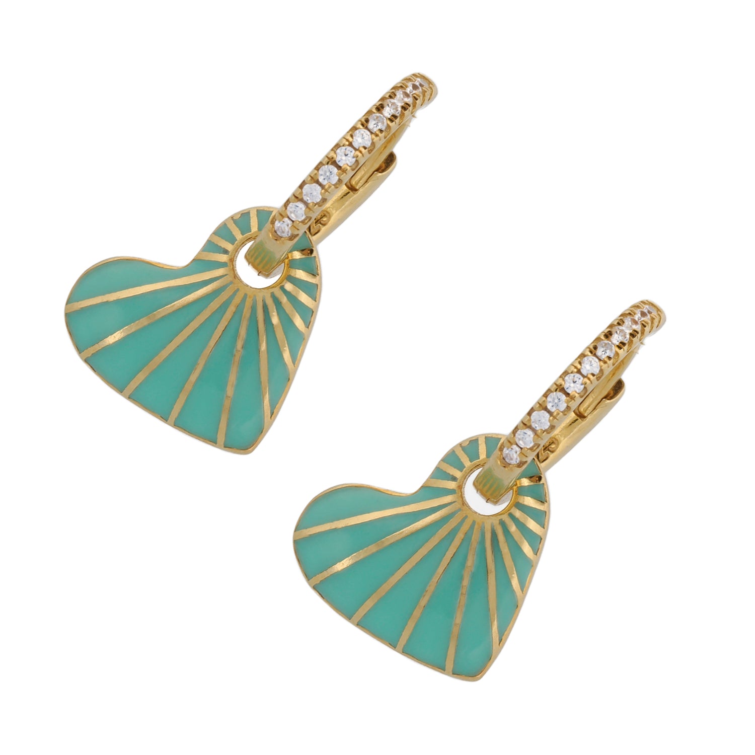 Green Enamel Heart Diamond Hoop Gold Earrings