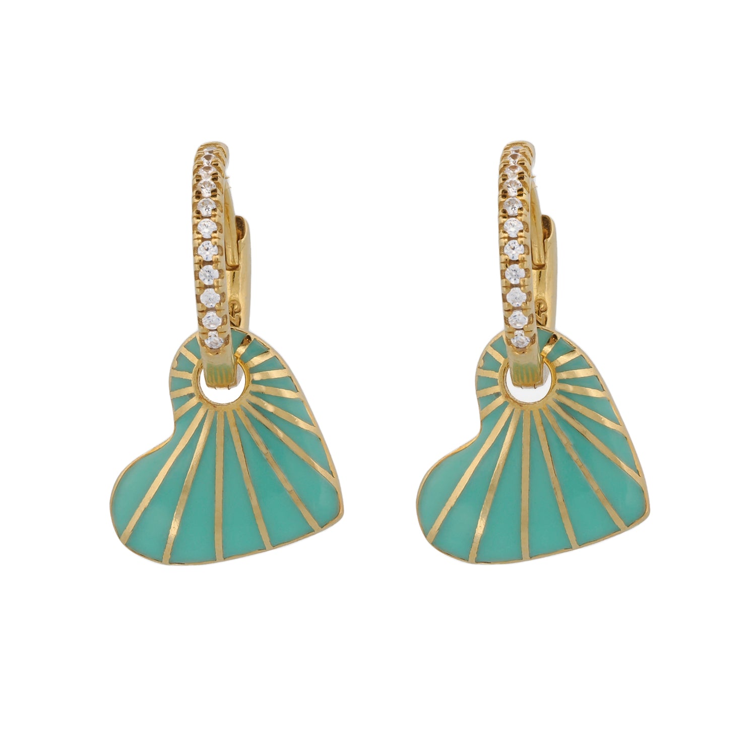 Green Enamel Heart Diamond Hoop Gold Earrings with 925 sterling silver base.