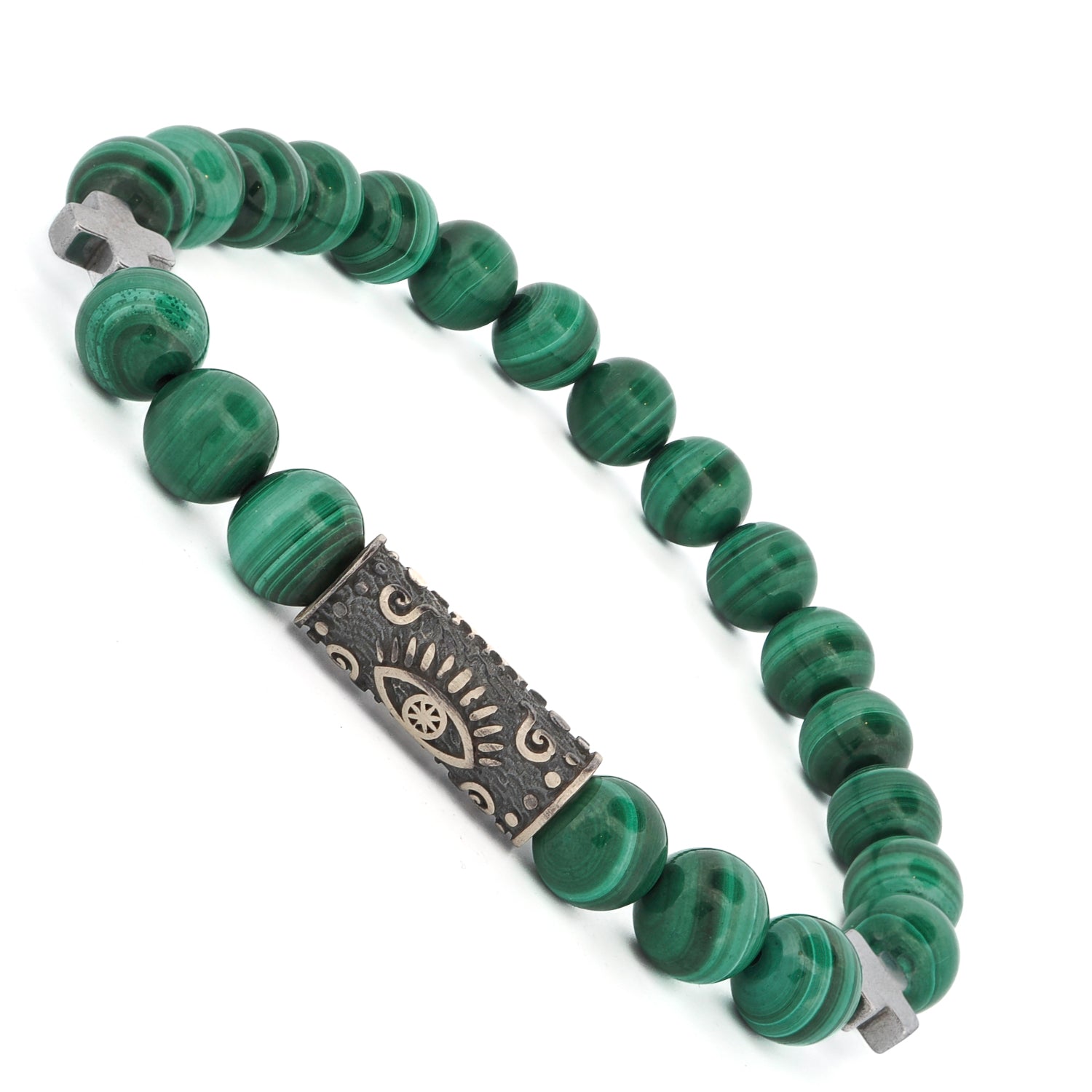 Elegant malachite beaded bracelet with an Evil Eye charm, offering spiritual strength and emotional balance.
