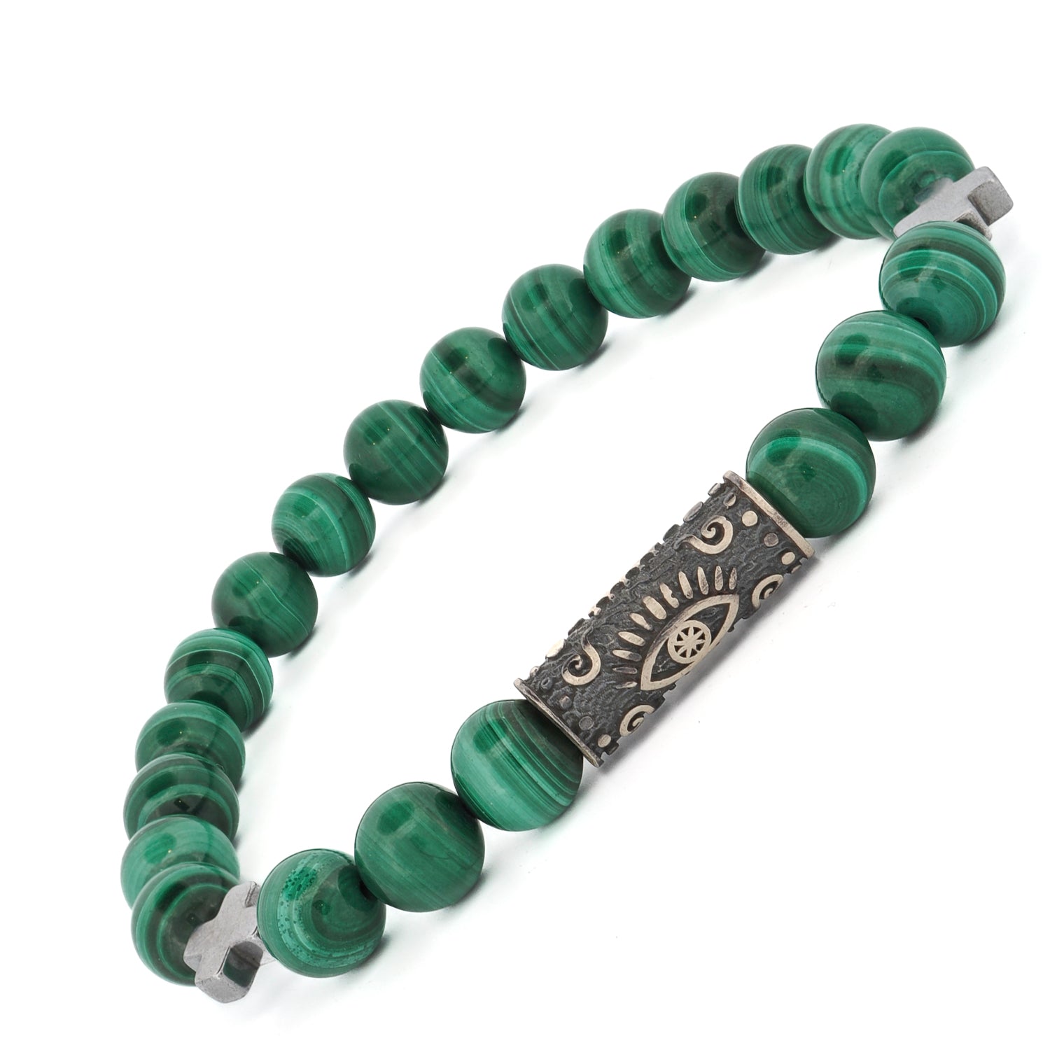 Green Malachite & Sterling Silver Bracelet combining elegance with the protective energy of the Evil Eye.