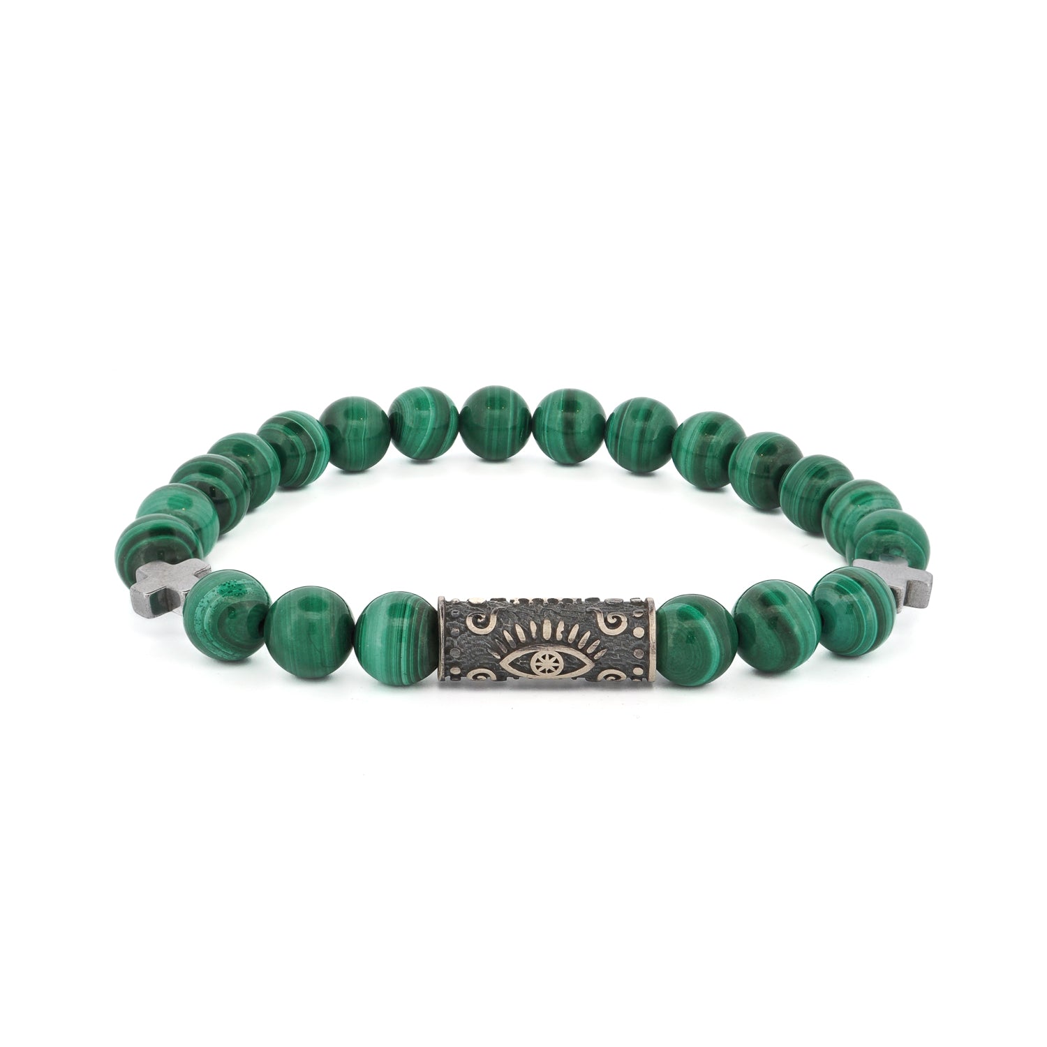 Green Malachite & Sterling Silver Evil Eye Beaded Bracelet featuring 8mm malachite stones and a unique silver charm.