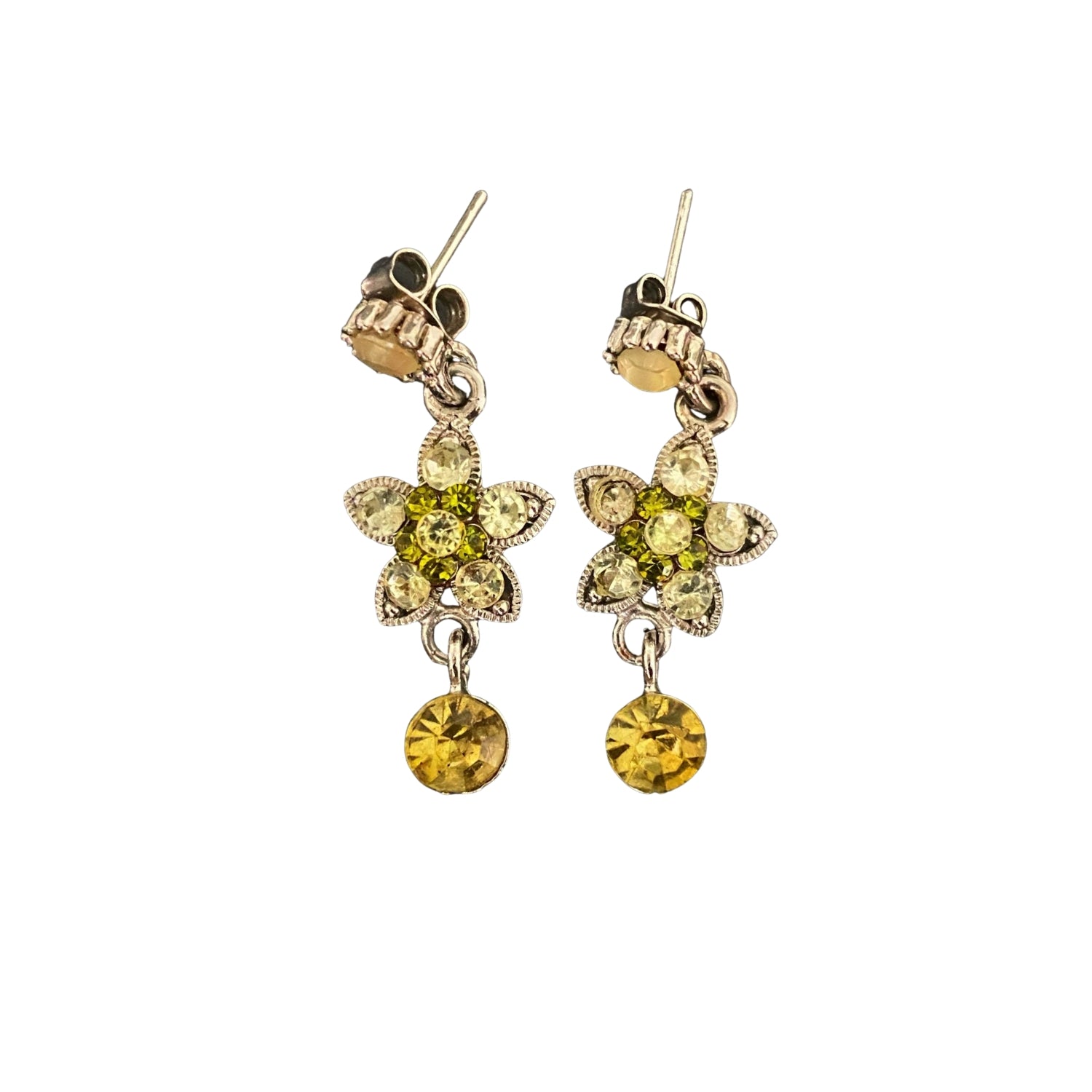 Green Sapphire & Diamond Vintage Floral Silver Earrings
