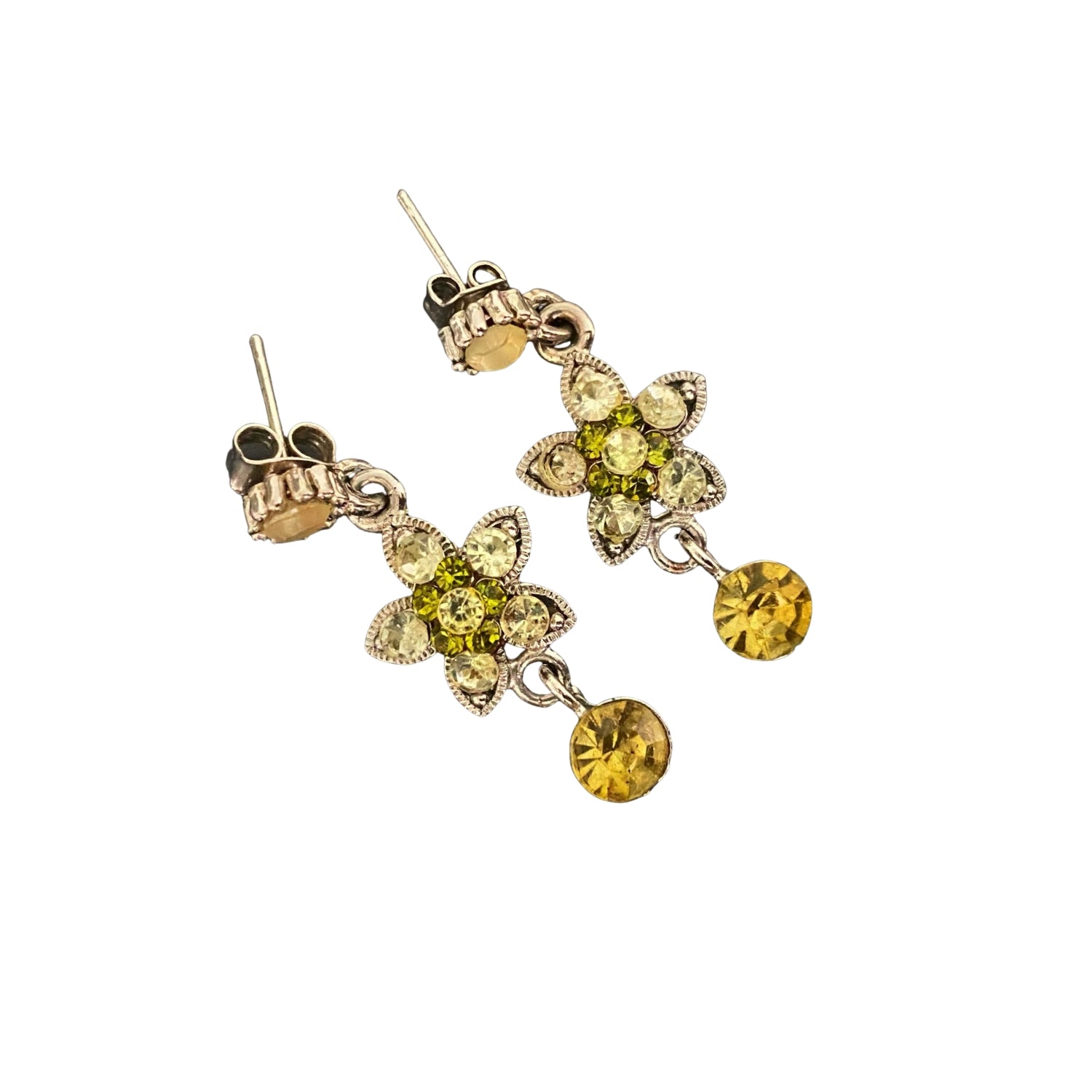 Green Sapphire & Diamond Vintage Floral Silver Earrings