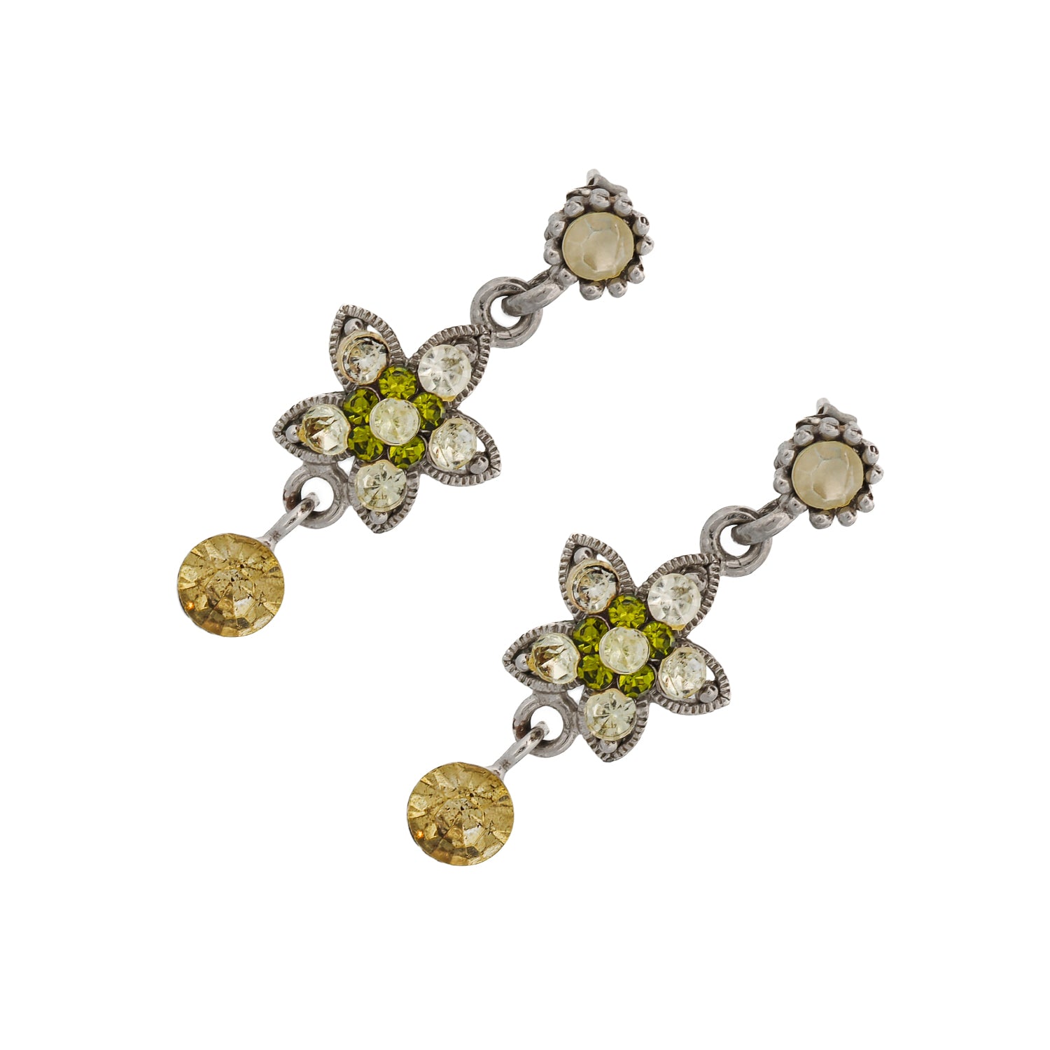 Green Sapphire & Diamond Vintage Floral Silver Earrings