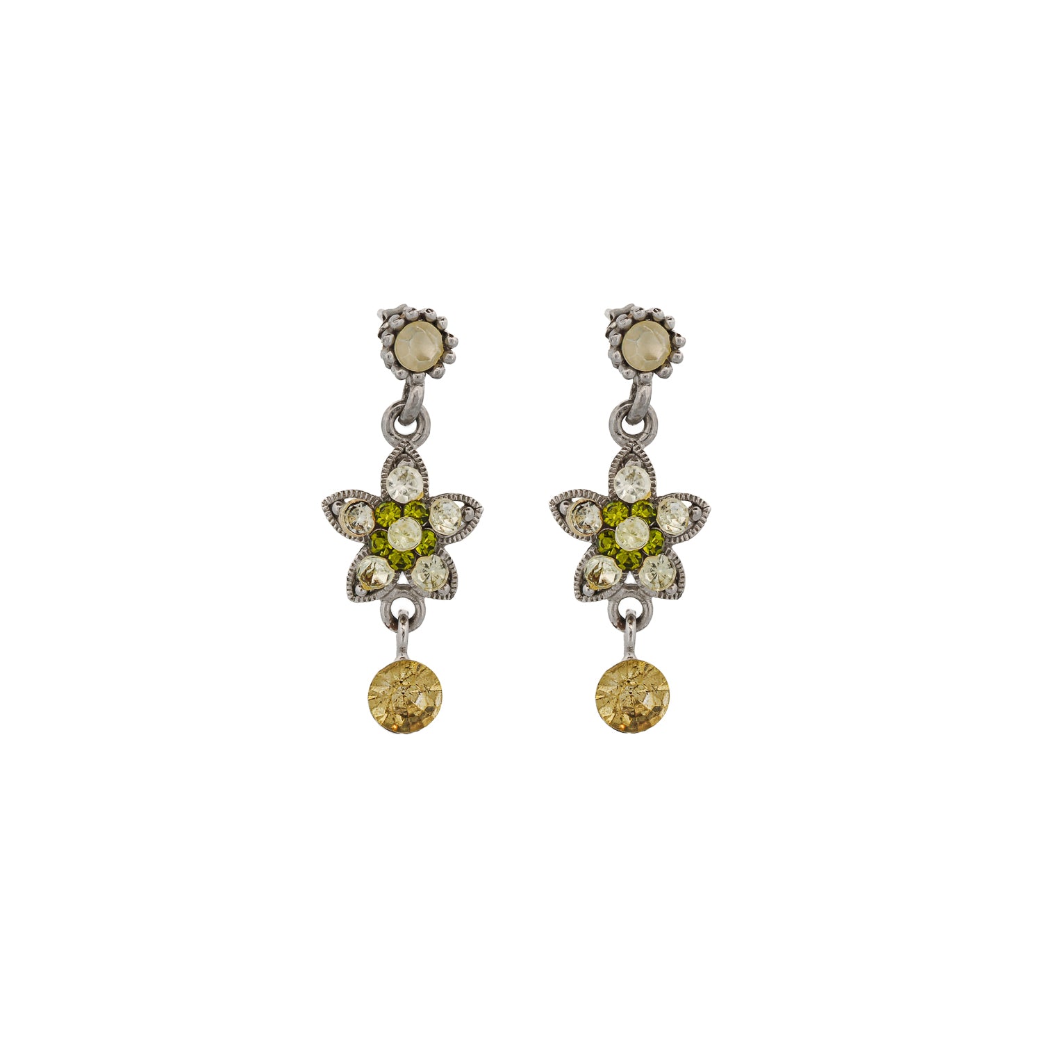 Green Sapphire & Diamond Vintage Floral Silver Earrings