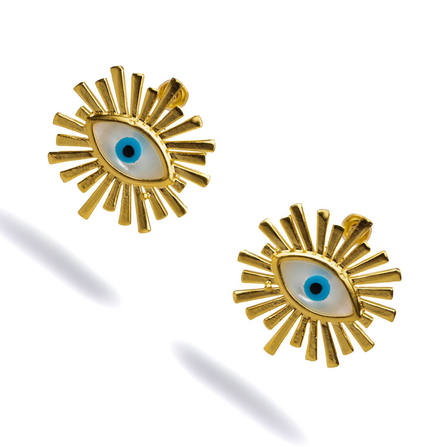 Gold-Plated Evil Eye Stud Earrings with Pearl and Blue Enamel for Timeless Protection and Chic Style