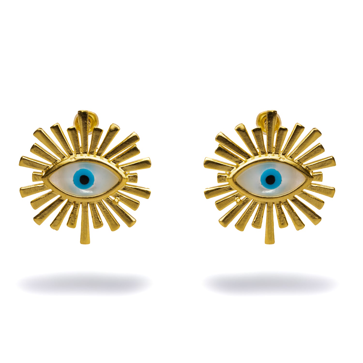 Chunky Gold and Pearl Evil Eye Earrings with Blue Enamel Pupil for Bold, Protective Style