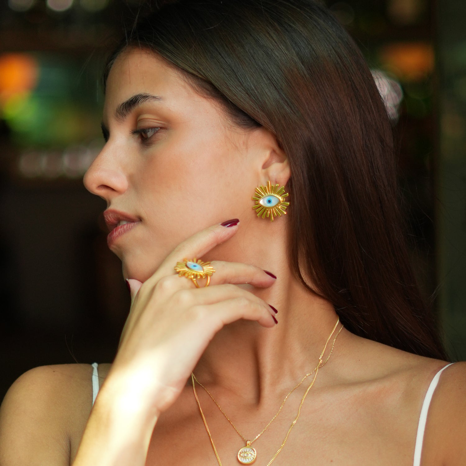 24K Gold-Plated Stud Earrings with Pearl, Blue Enamel, and Evil Eye Design for Protection