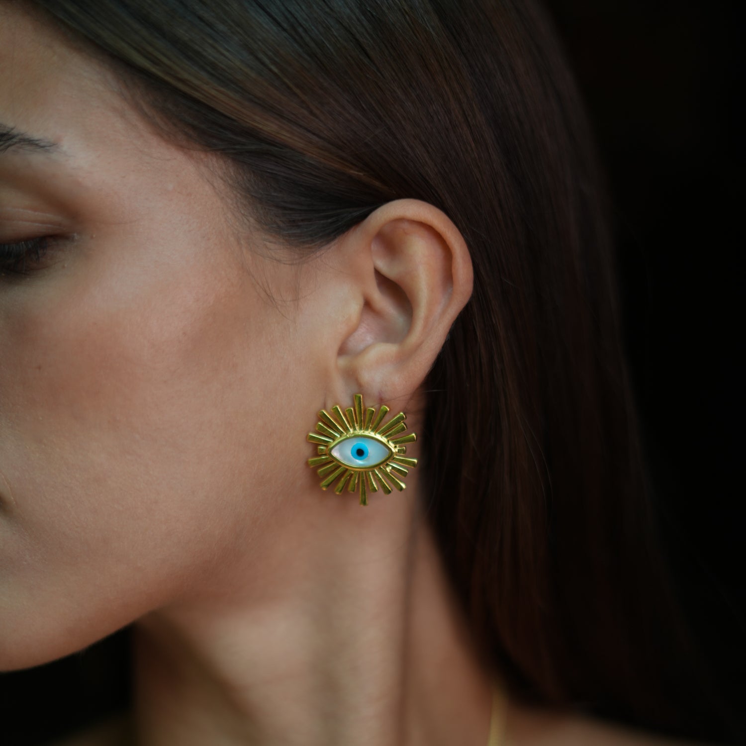 Handmade 24K Gold Evil Eye Earrings with Pearl and Blue Enamel for Elegance and Protection