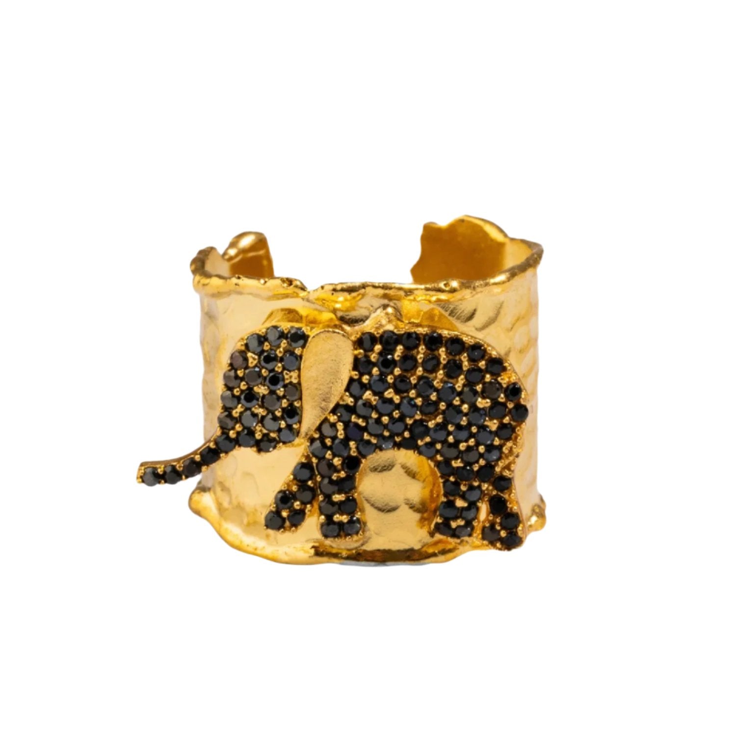 Bold chunky gold ring with a detailed black Swarovski crystal-adorned elephant, crafted from 24k gold-plated brass and adjustable for a perfect fit.