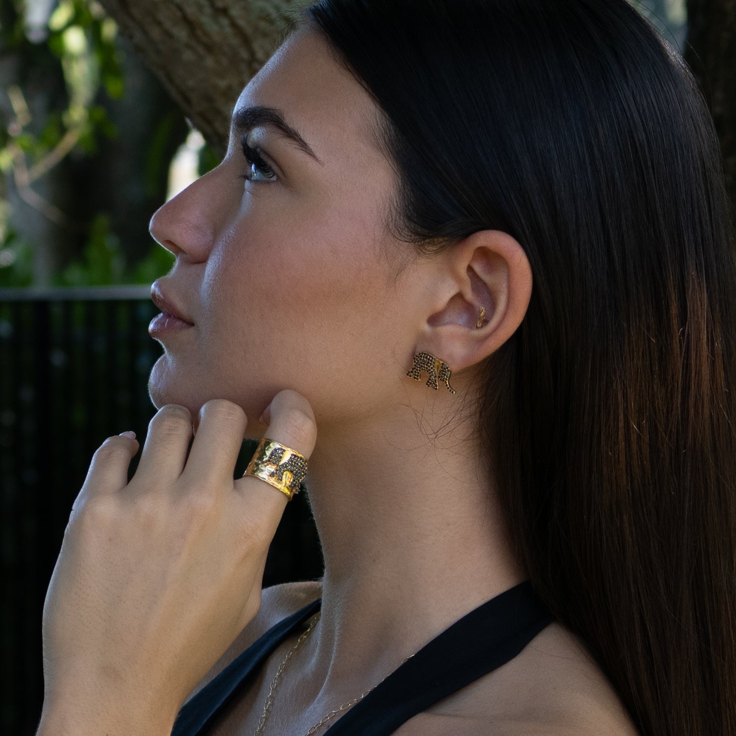 Guardian Black Elephant Gold Cuff Adjustable Ring