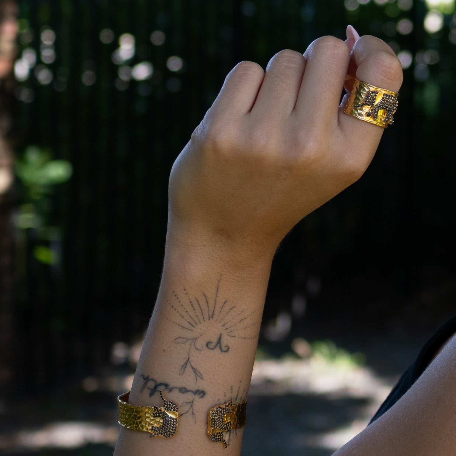 Guardian Black Elephant Gold Cuff Adjustable Ring