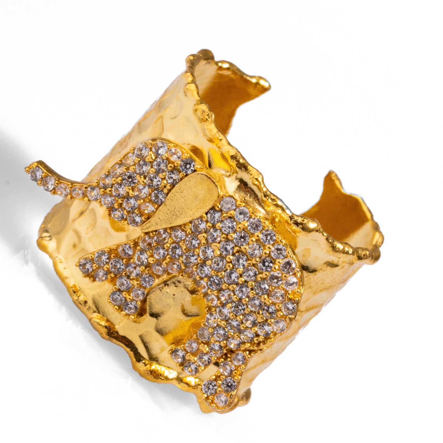 Elegant chunky gold ring with a diamond-studded elephant design, crafted from 24k gold-plated brass, adjustable for versatility.