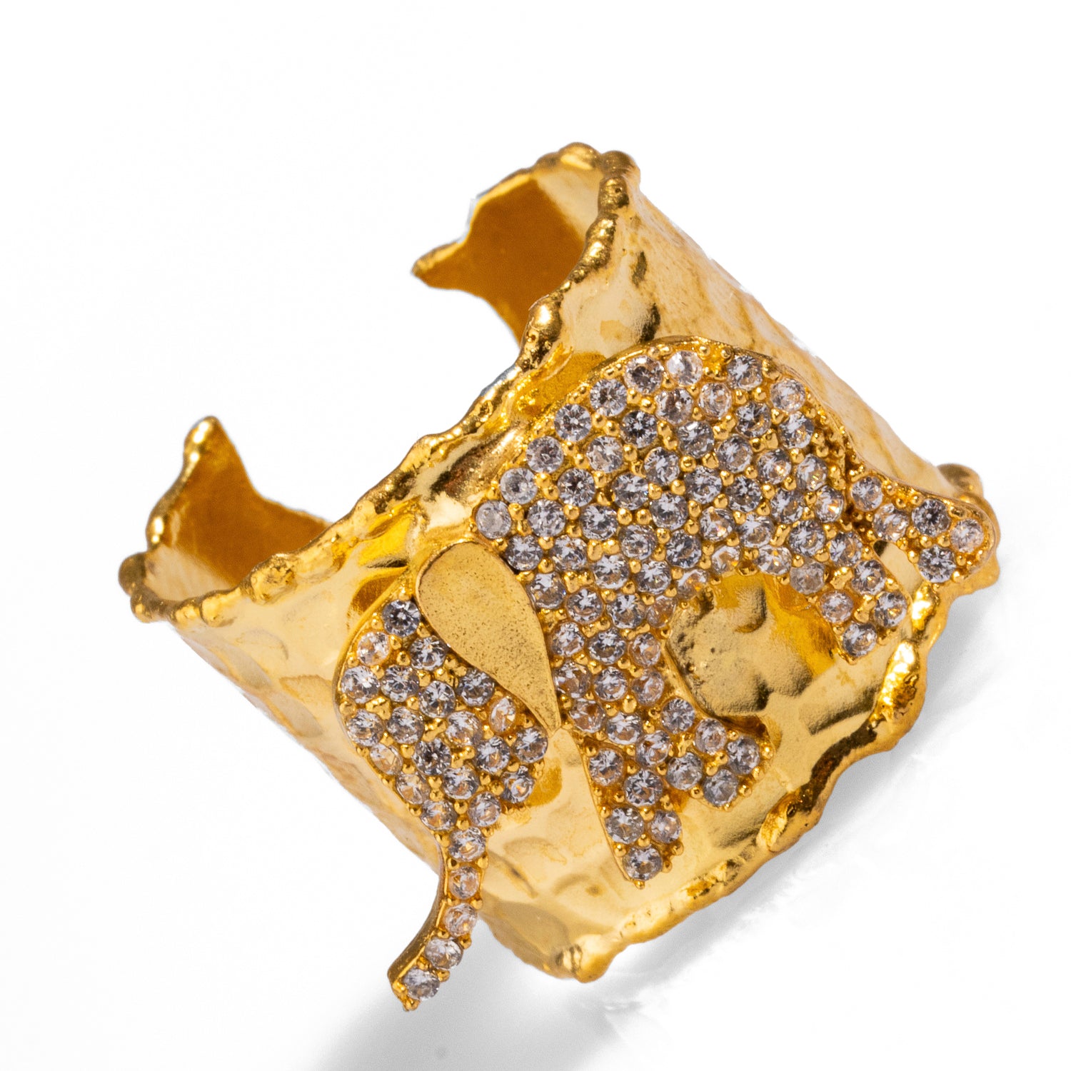 Opulent ring featuring a diamond-encrusted elephant in 24k gold-plated brass, adjustable band for a luxurious and protective accessory.