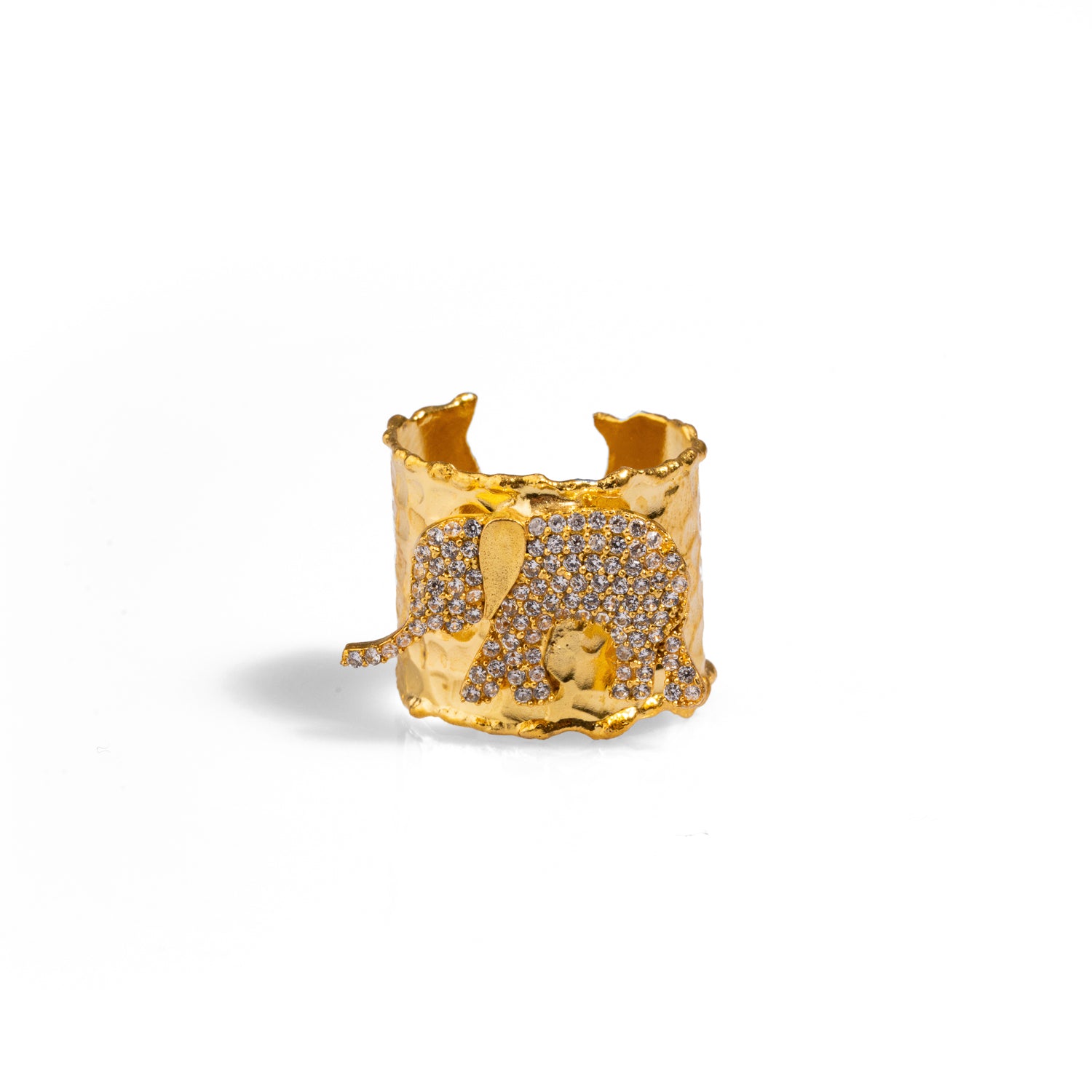 Guardian ring with a chunky gold elephant design and sparkling CZ diamonds, plated with 24k gold and adjustable for comfort.