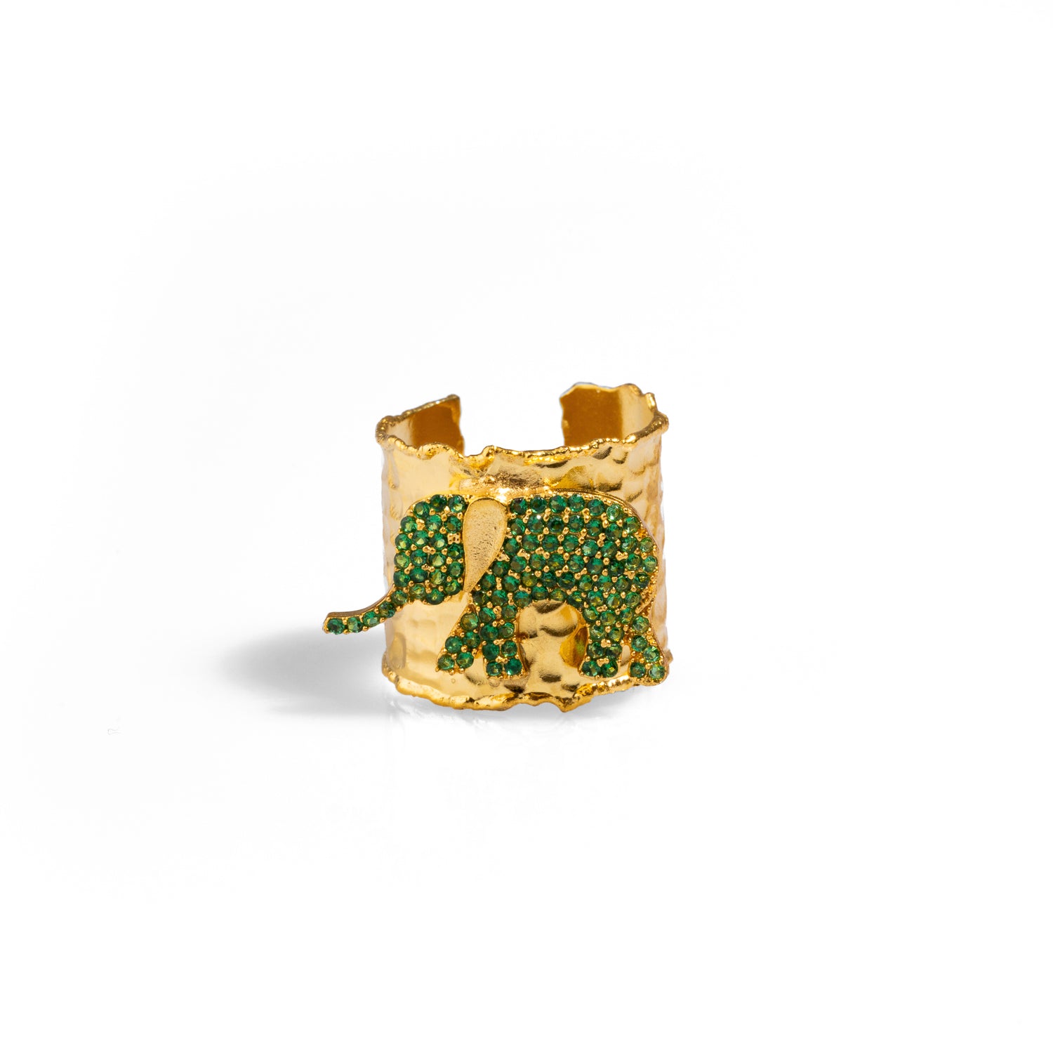Gold chunky ring featuring a green crystal elephant, crafted in 24k gold-plated brass with an adjustable band for a custom fit.
