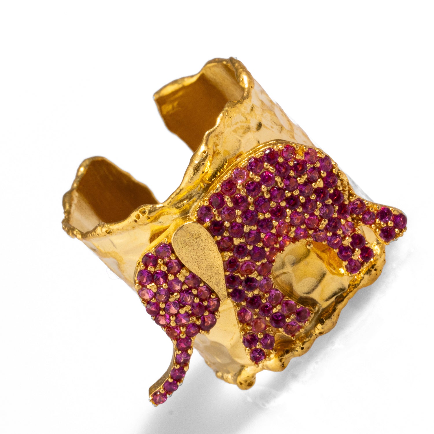 Luxurious 24k gold-plated ring with a pink crystal elephant, combining protection and elegance in an adjustable design.