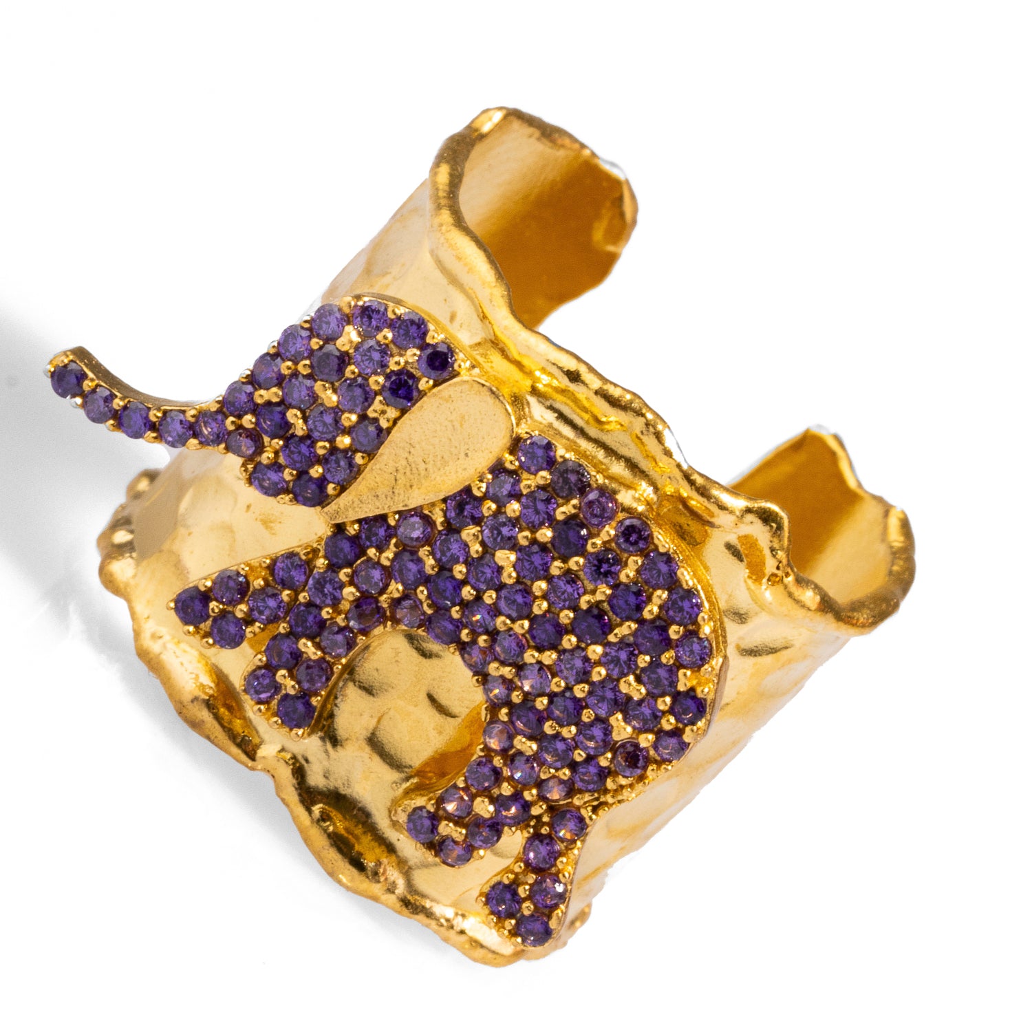 Elegant chunky gold ring with a purple crystal elephant design, crafted from 24k gold-plated brass, adjustable for versatile wear.