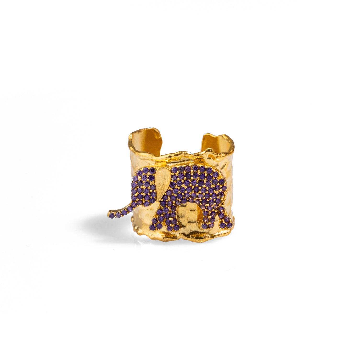 Luxurious 24k gold-plated ring with a purple crystal elephant, combining protection and elegance in an adjustable design.