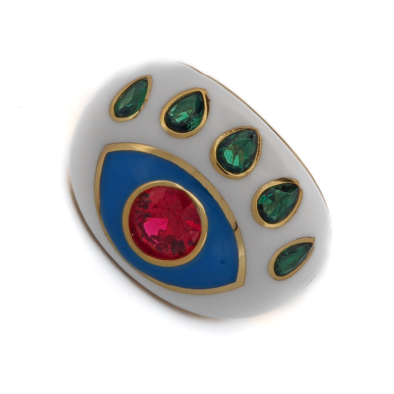White enamel ring featuring a protective Evil Eye design with luxurious ruby and emerald stone details.