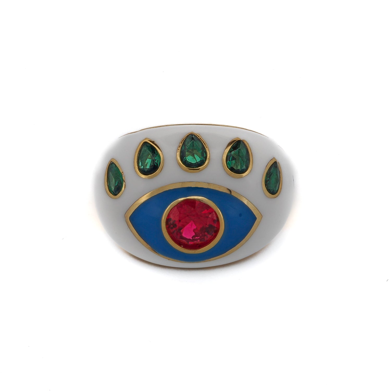 Guardian Ruby & Emerald Evil Eye White Enamel Adjustable Ring with a ruby pupil and emerald-accented eyelashes.