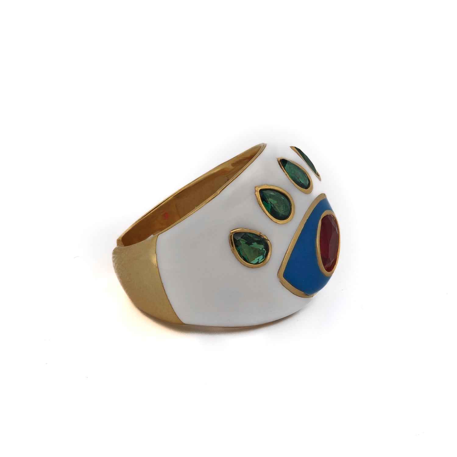 Handcrafted adjustable ring with a white enamel band, ruby Evil Eye pupil, and green emerald accents.