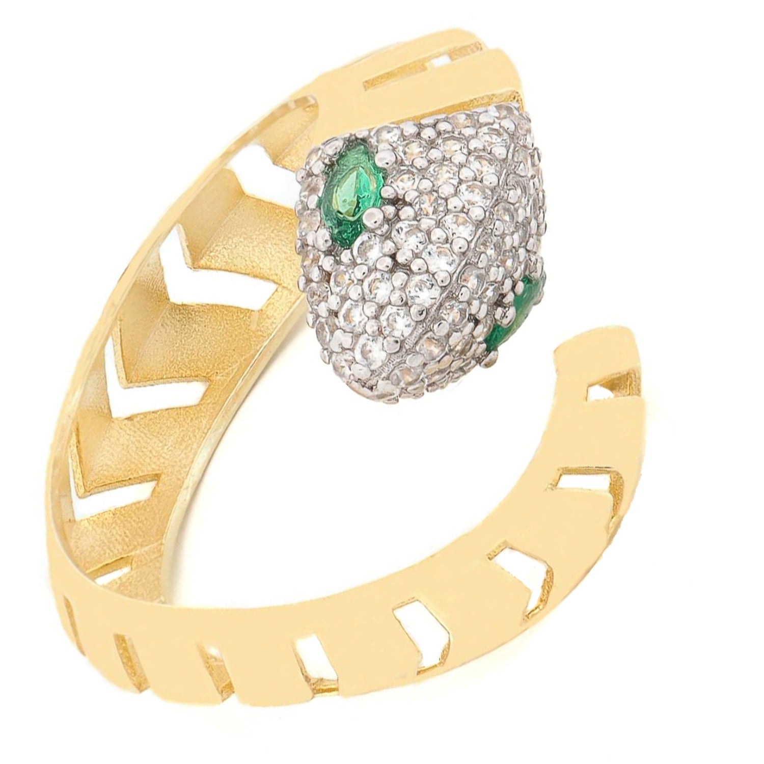 Close-up of detailed serpent head ring with green gemstone-inspired eyes