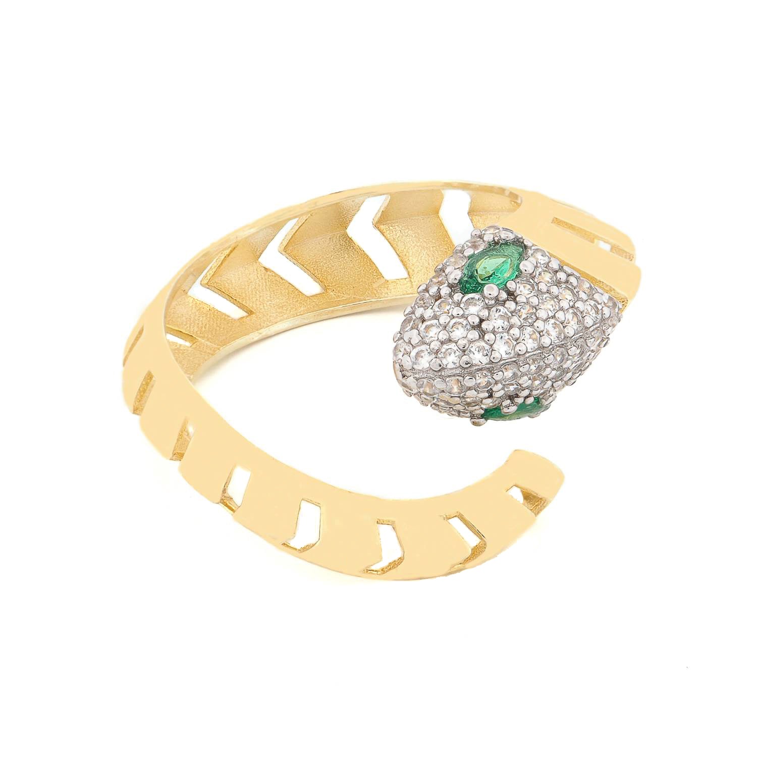 Guardian Snake gold ring with emerald green eyes and CZ stones on white background
