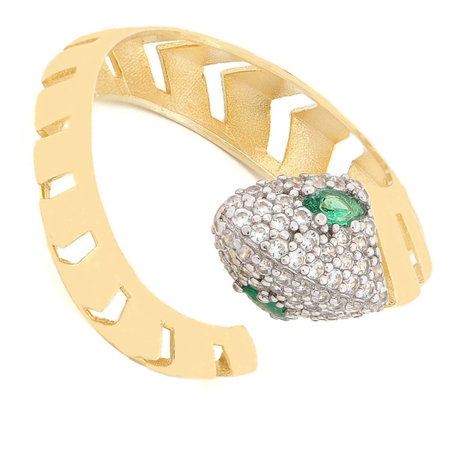 Bold open band ring featuring serpent design and emerald-like eyes for mystical charm