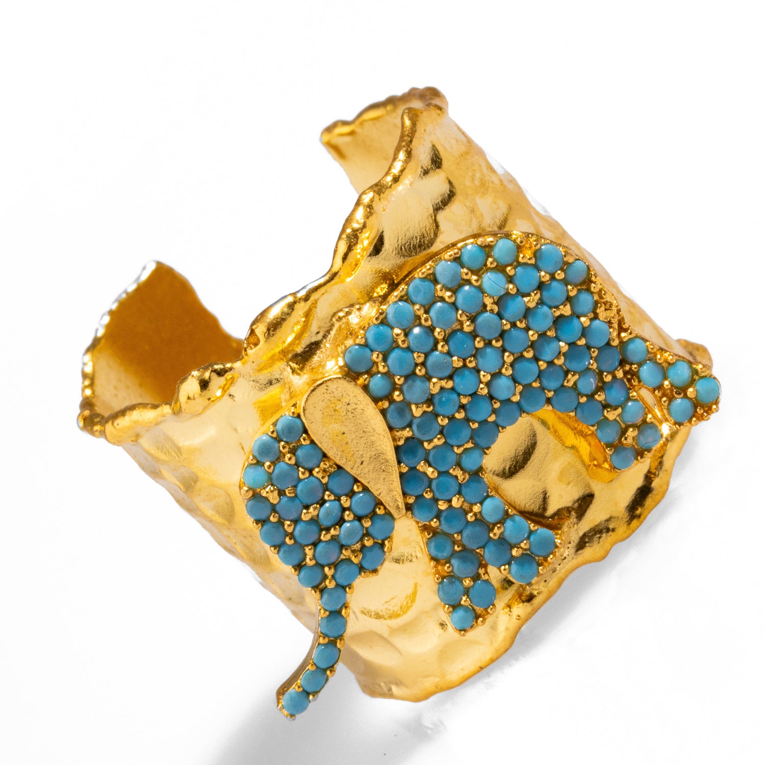 Luxurious 24k gold-plated ring featuring a turquoise elephant, symbolizing strength and protection, with an adjustable band for a custom fit.
