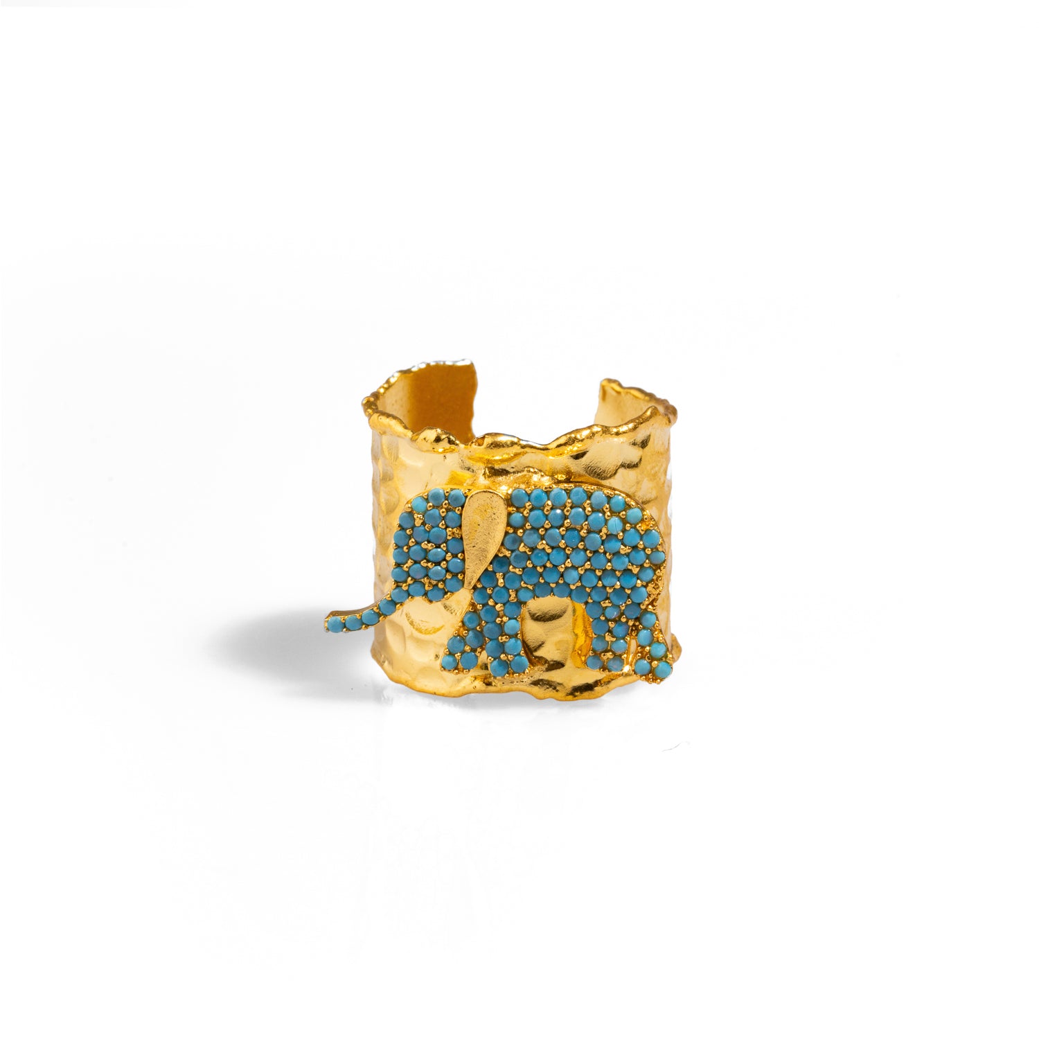 Stylish chunky ring with turquoise stones and a gold elephant, plated with 24k gold and adjustable for a personalized fit.