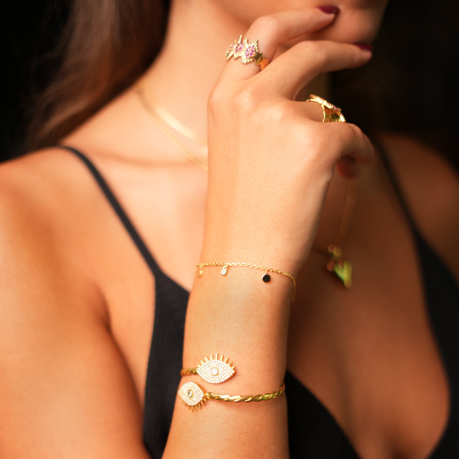 Handmade 24K Gold Cuff Bracelet with CZ Diamonds and Evil Eye Design for Protection and Luxury