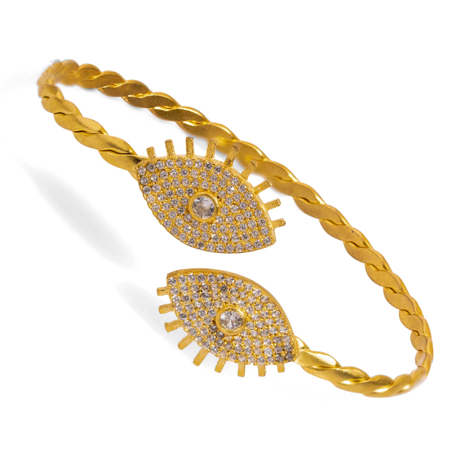 24K Gold-Plated Evil Eye Cuff Bracelet with Diamonds for Protection and Timeless Style