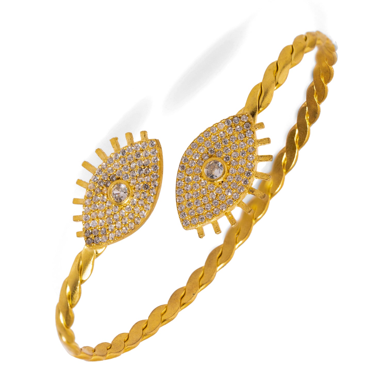 Twisted Gold Evil Eye Cuff Bracelet with CZ Diamonds for a Bold, Luxurious Fashion Statement
