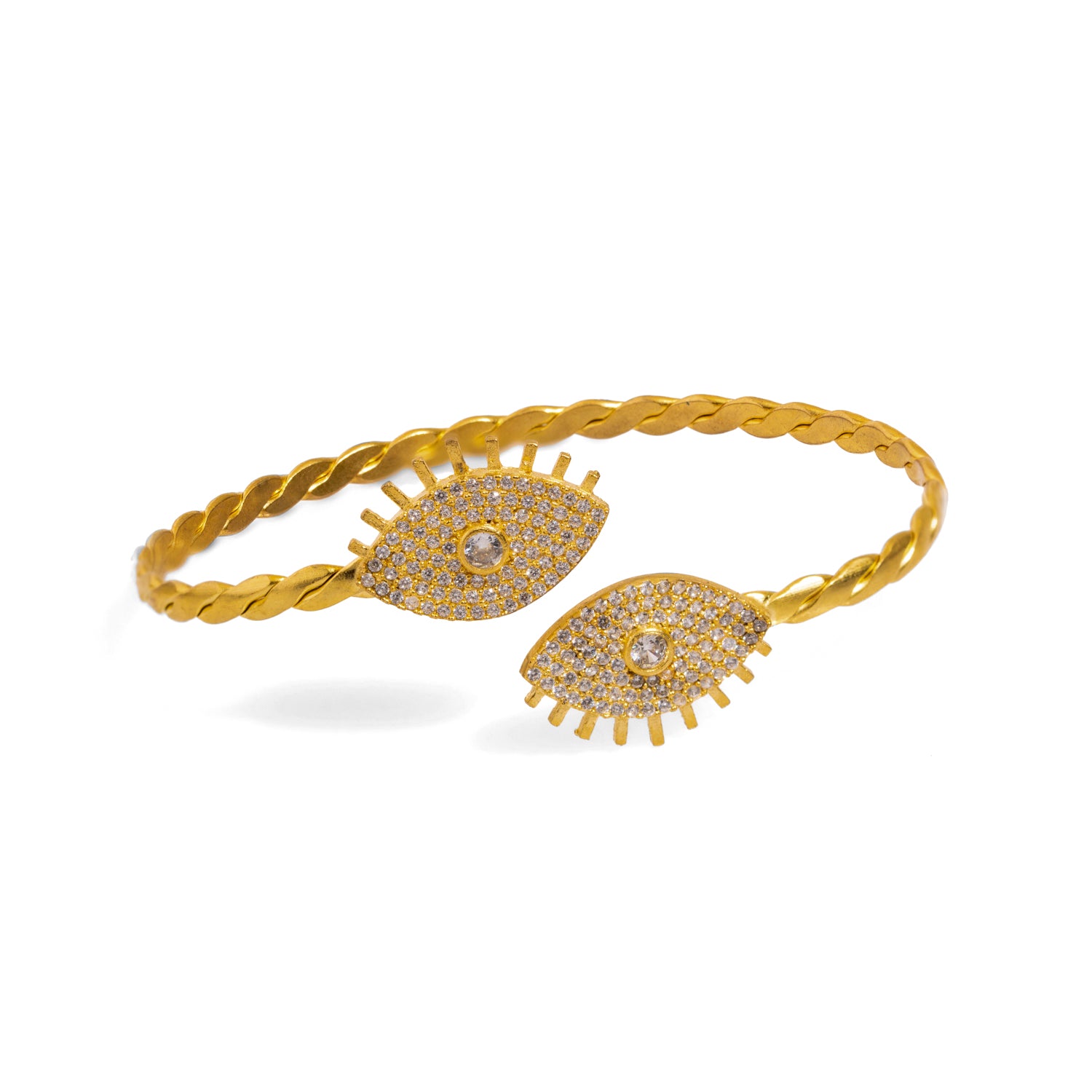 Handcrafted 24K Gold Cuff Bracelet with Diamond-Accented Evil Eye Symbols for Spiritual Protection
