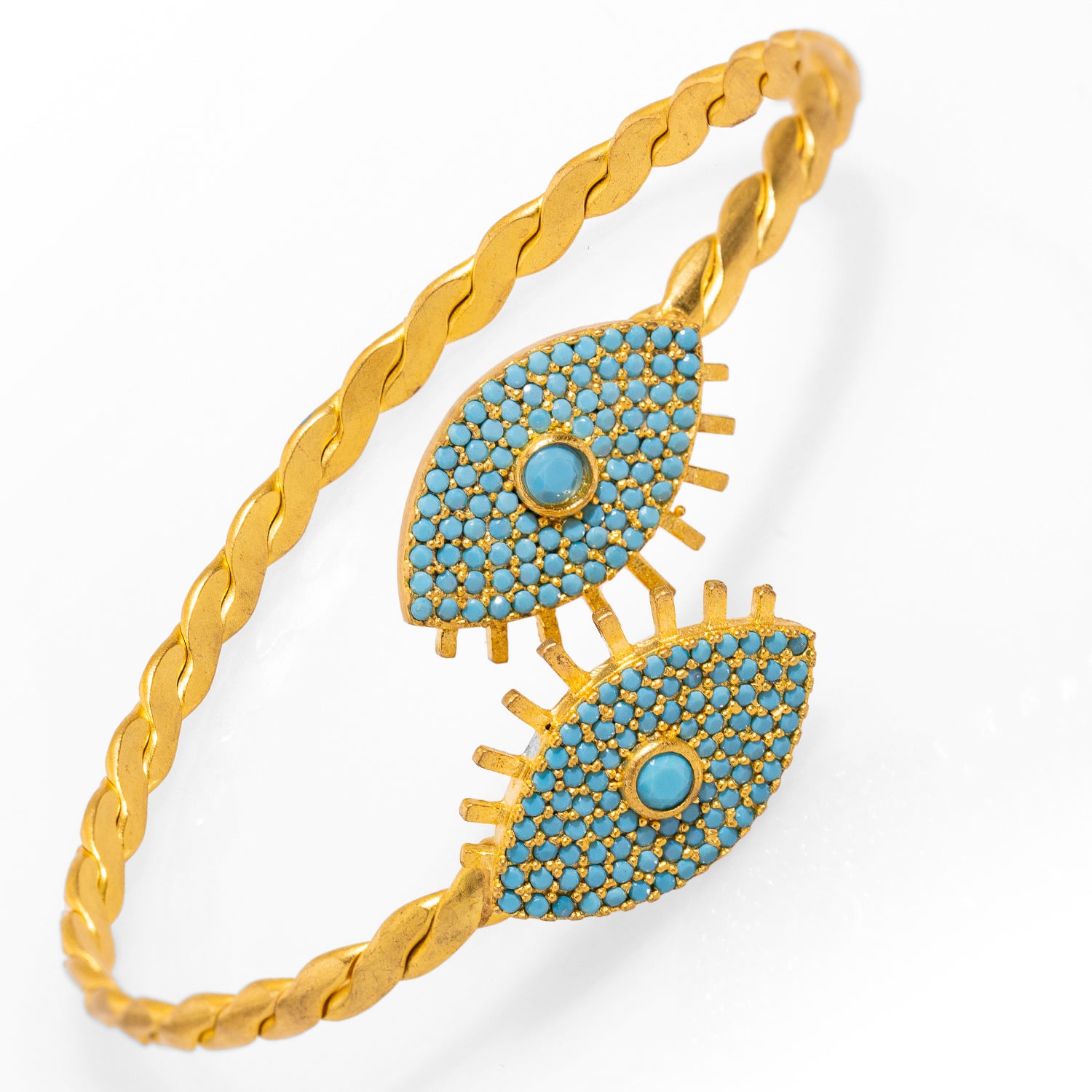 Mystical Gold and Turquoise Evil Eye Cuff Bracelet with Diamonds for Protection and Elegant Fashion