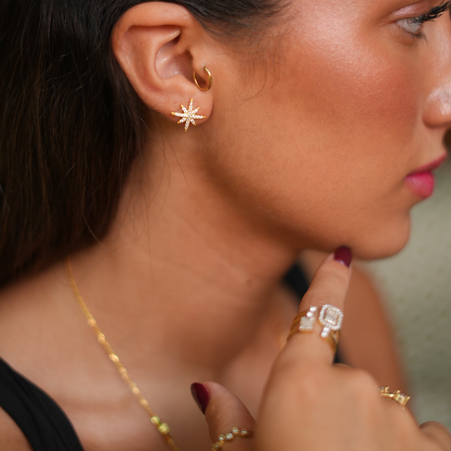 Gold and Diamond North Star Stud Earrings in 18K Gold-Plated Sterling Silver